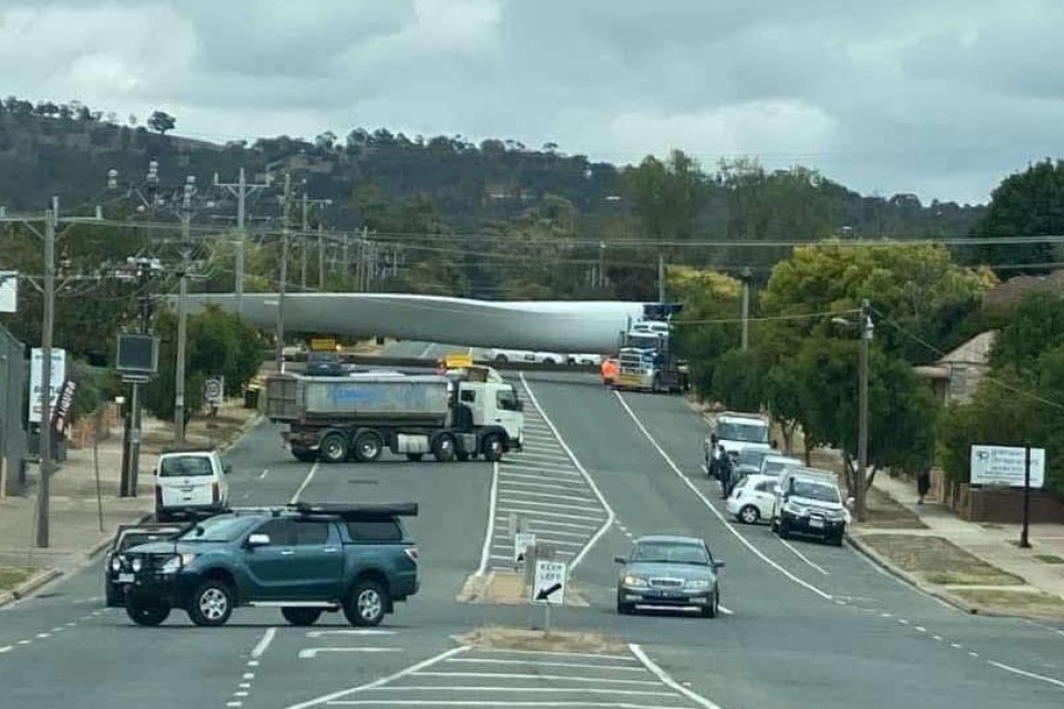 Wind turbine blade blown off course in Ararat on its way through on Tuesday, February 18 in Mcgibbony and Vincent Street. Picture supplied