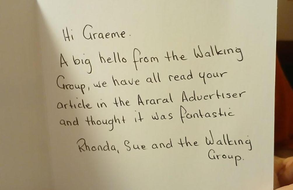 A hand-written card for Graeme Bailey from the Walking Group after he featured in an Ararat Advertiser article. Picture supplied