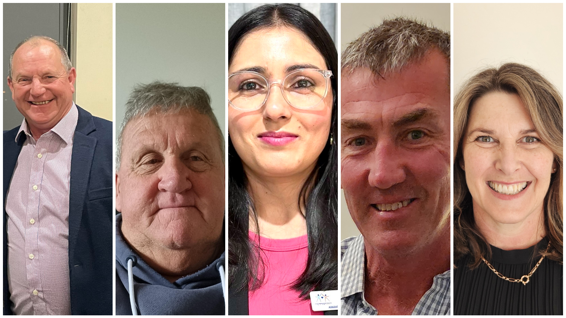 Cr Bob Sanders, left, Cr Bill Waterson, Teli Kaur, Cr Rob Armstrong, Cr Jo Armstrong, Luke Preston (not pictured) and Peter Joyce (not pictured) were successfully elected to the Ararat Rural City Council. Pictures supplied