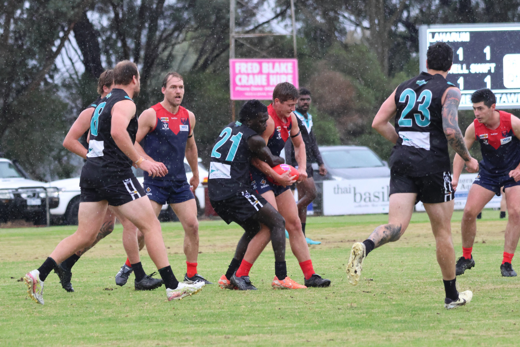 Baggies' Justin Puruntatameri lays a strong tackle. PHOTO BY TRISH RALPH