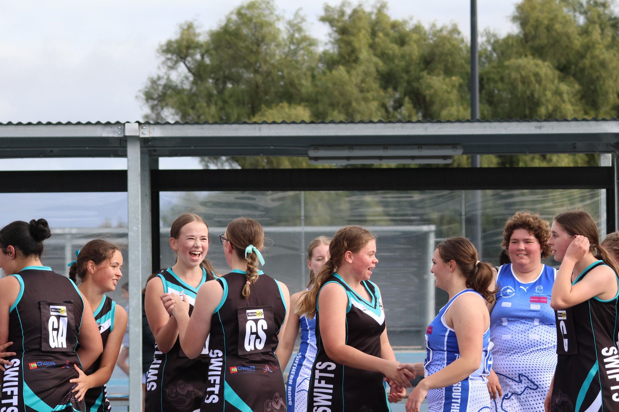 Swifts 17-and-under netballers L-R - Amara Jagan, Tora Crawford, Zoey Hoffmann, Emily Grant, Charmaine Lockwood and Willow Freeland celebrate their first win since 2019, after they defeated Harrow Balmoral by one goal. PHOTO: TRISH RALPH