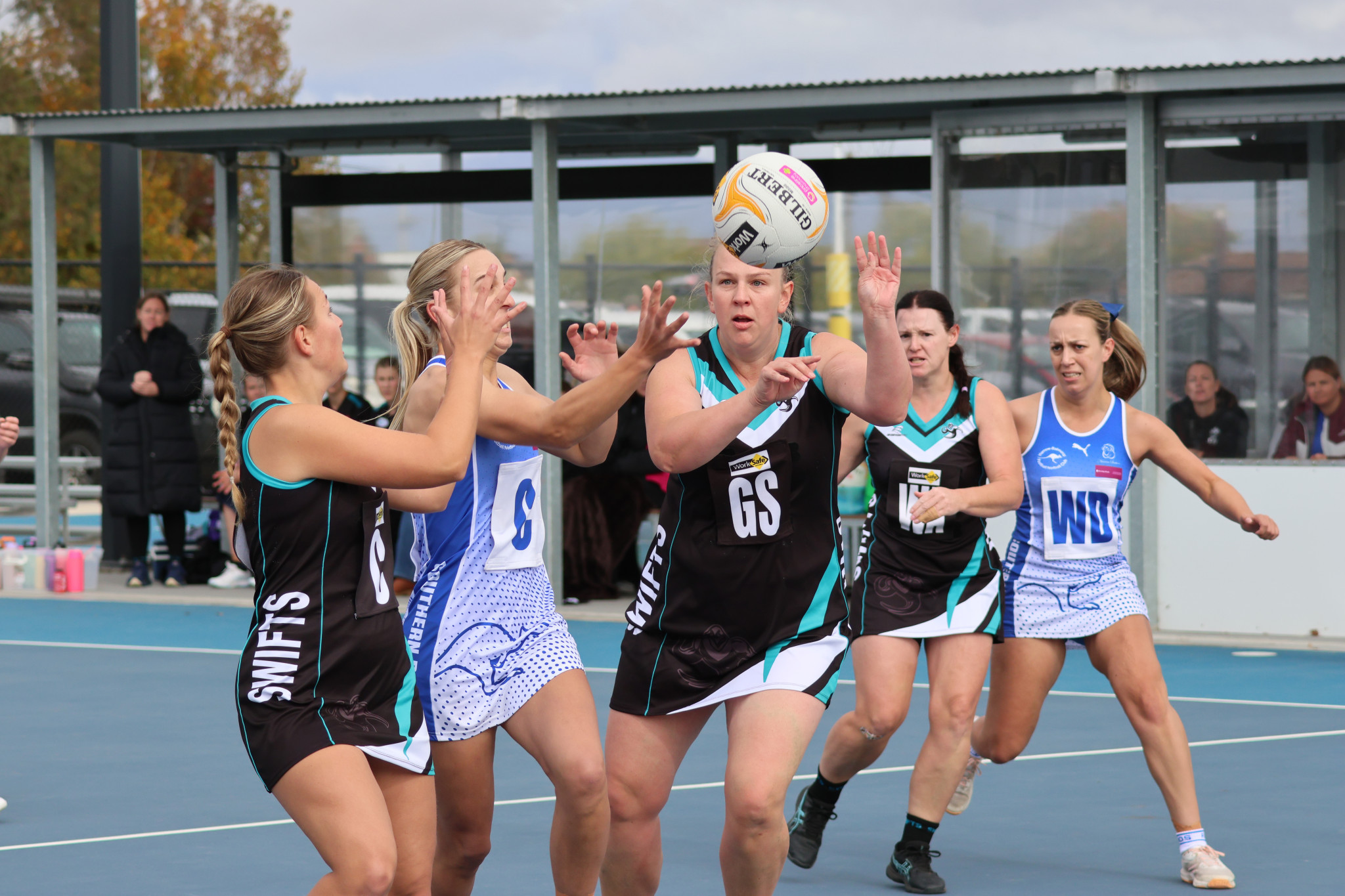 Swifts' Kathryn Boag and Bek Pye with their eye on the ball. PHOTO: TRISH RALPH
