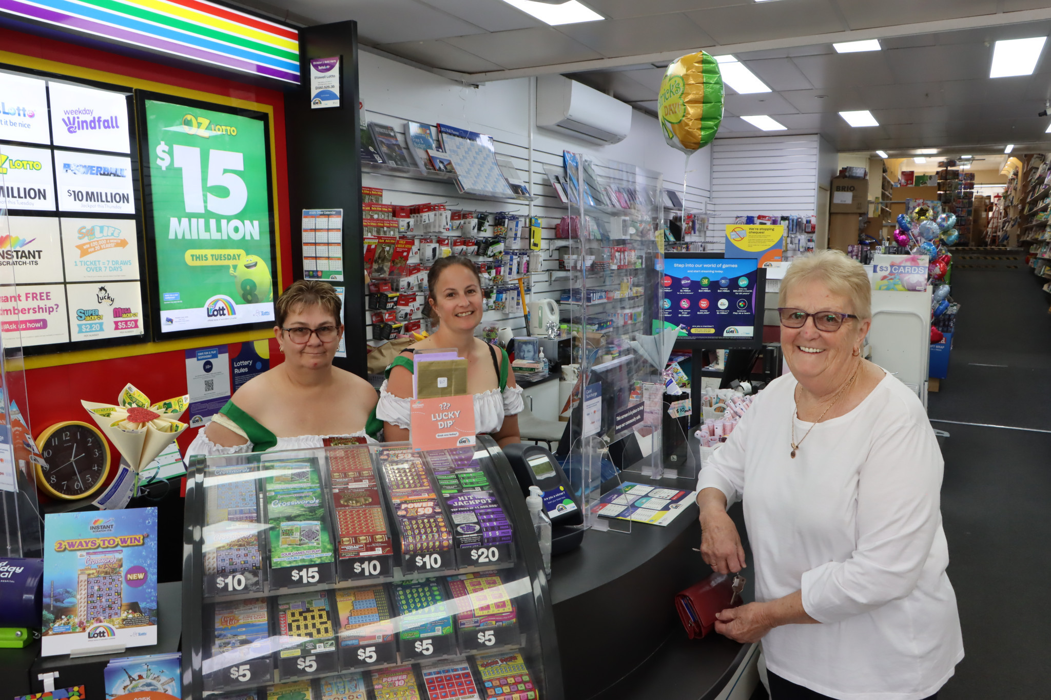 Stawell Lotto’s Sam Russell and Jane Johnston were celebrating this week after a division one win at the weekend, with customer Ruth McDonald hoping her numbers night be the next to come up in the next TattsLotto draw.