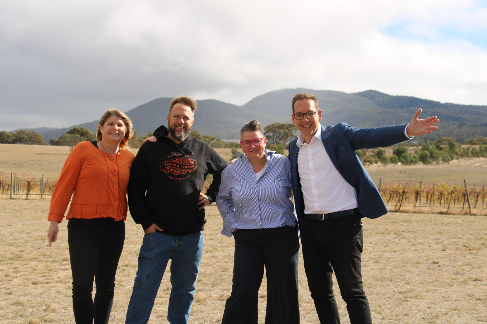Black and Ginger’s Hadyn and Lucy Black join Grape Escape’s Kate Kirkpatrick and Minister for Tourism Steve Dimopoulos to celebrate the continued support of Grampians Grape Escape.