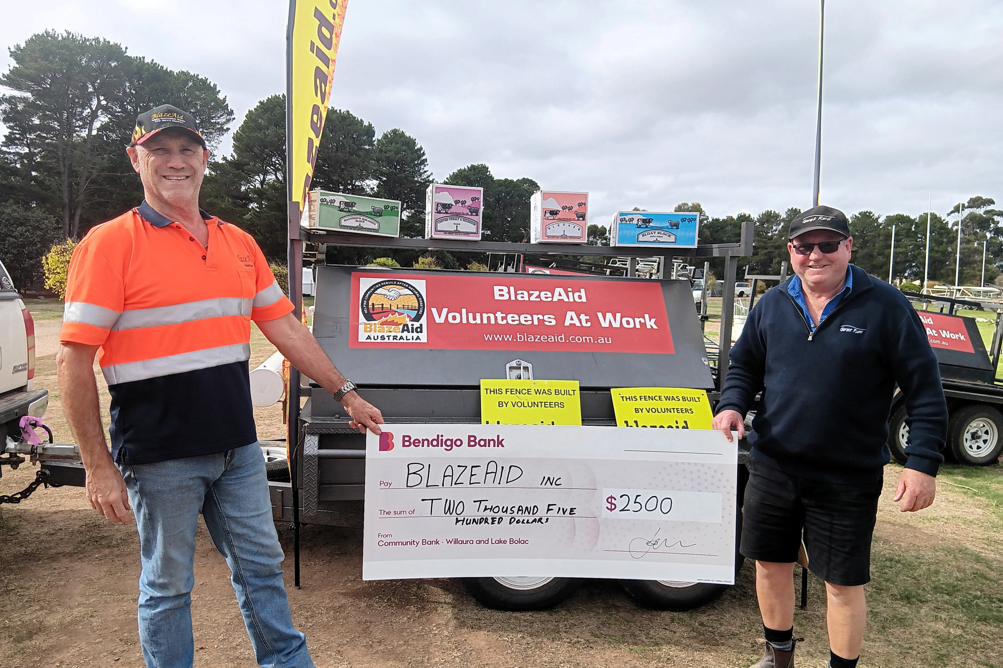 Gorst Rural Willaura Branch Manager Mick Murray (right) was pleased to present a substantial cheque on behalf of Gorst Rural and the Farm Balance company to BlazeAid Camp Co-ordinator Stuart Opie.