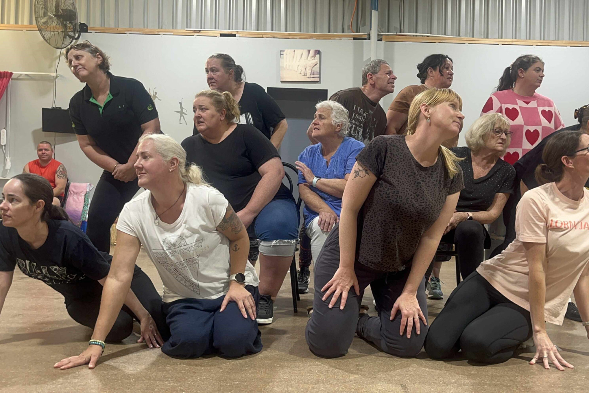 The ‘Greek Chorus’ in action during rehearsals for Mamma Mia! back L-R, Leanne McCready, Clare Petering, James Hartwich, Kat Fulford, Naomi Altmann, centre, Kerry Wilson, Deb Slorach, Libby Johnston, Sue Horvath, front, Alyssa Fell, Kristy van Roosmalen, Kate Phillips
