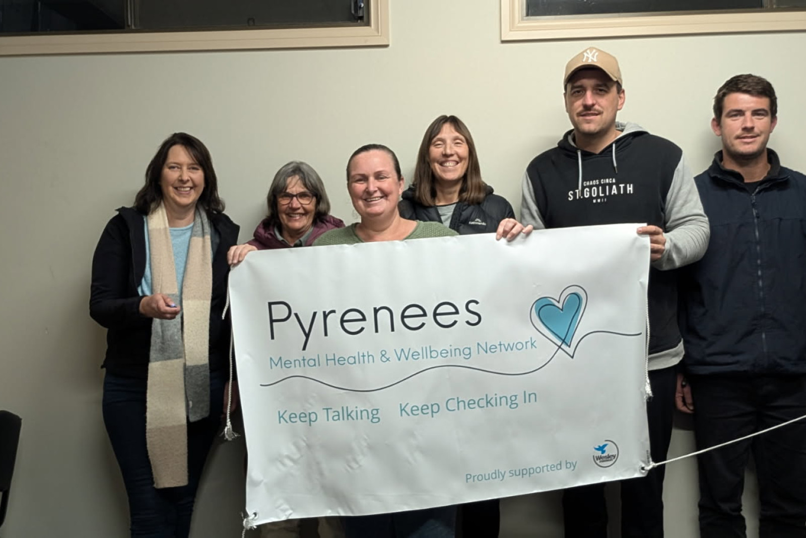 Caption Pyrenees Mental Health and Wellbeing Network members Melissa Murdoch, Kerry Cattanach, Jessie Wardlaw, Colleen Drummond, Matt Drummond, and Keith Wilkinson.