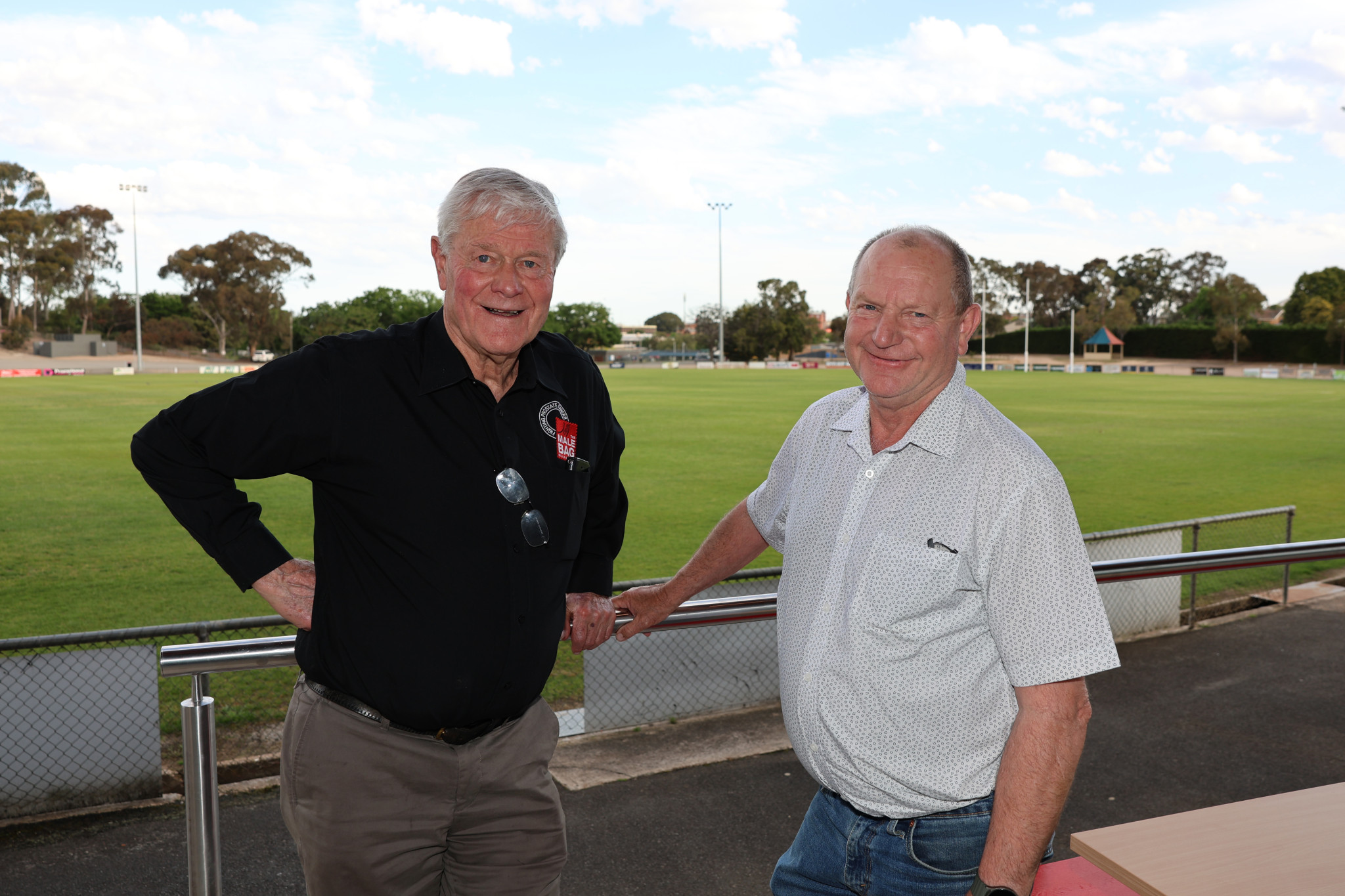 Ararat Rural City Mayor Bob Sanders (right) welcomed Australian Rules Football icon David Parkin to town for 'Blokes in the Bush' at Alexandra Oval on Monday, an event to raise prostate cancer awareness.