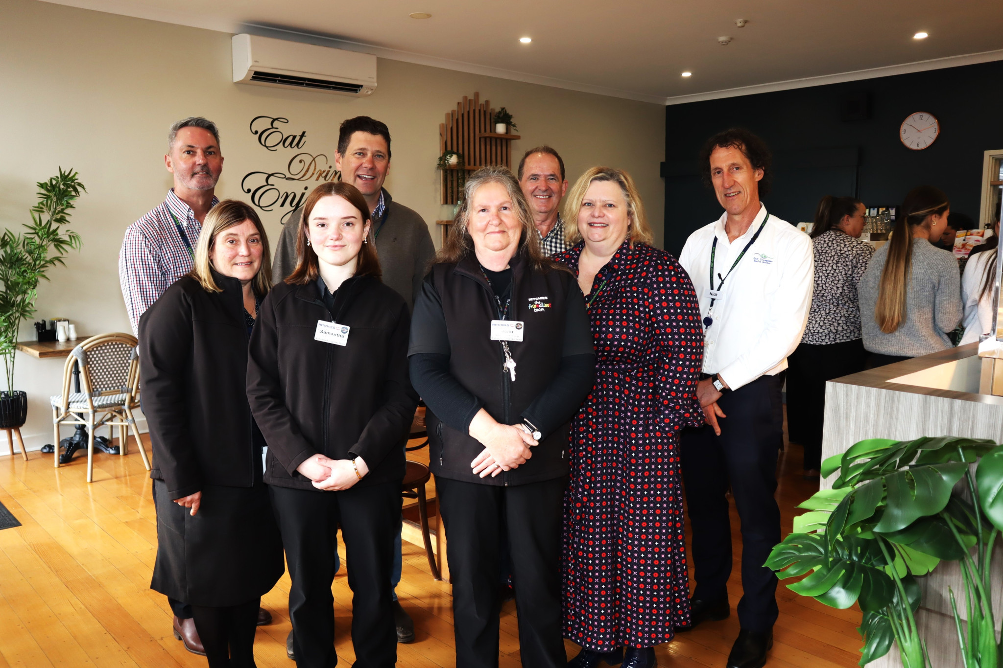 Pictured in the newly refreshed Café Pyrenees, back, L-R, Scott Wilson EGHS Director of Support Services, Tony Roberts Director of Finance, Stuart Kerr former Director of Support Services, Nick Bush Chief Executive, front L-R, Ann Grierson Manager of Support Services, Samantha Chick and Jean Thomas Ritchies IGA Ararat, Sarah Woodburn Director of Community Services.
