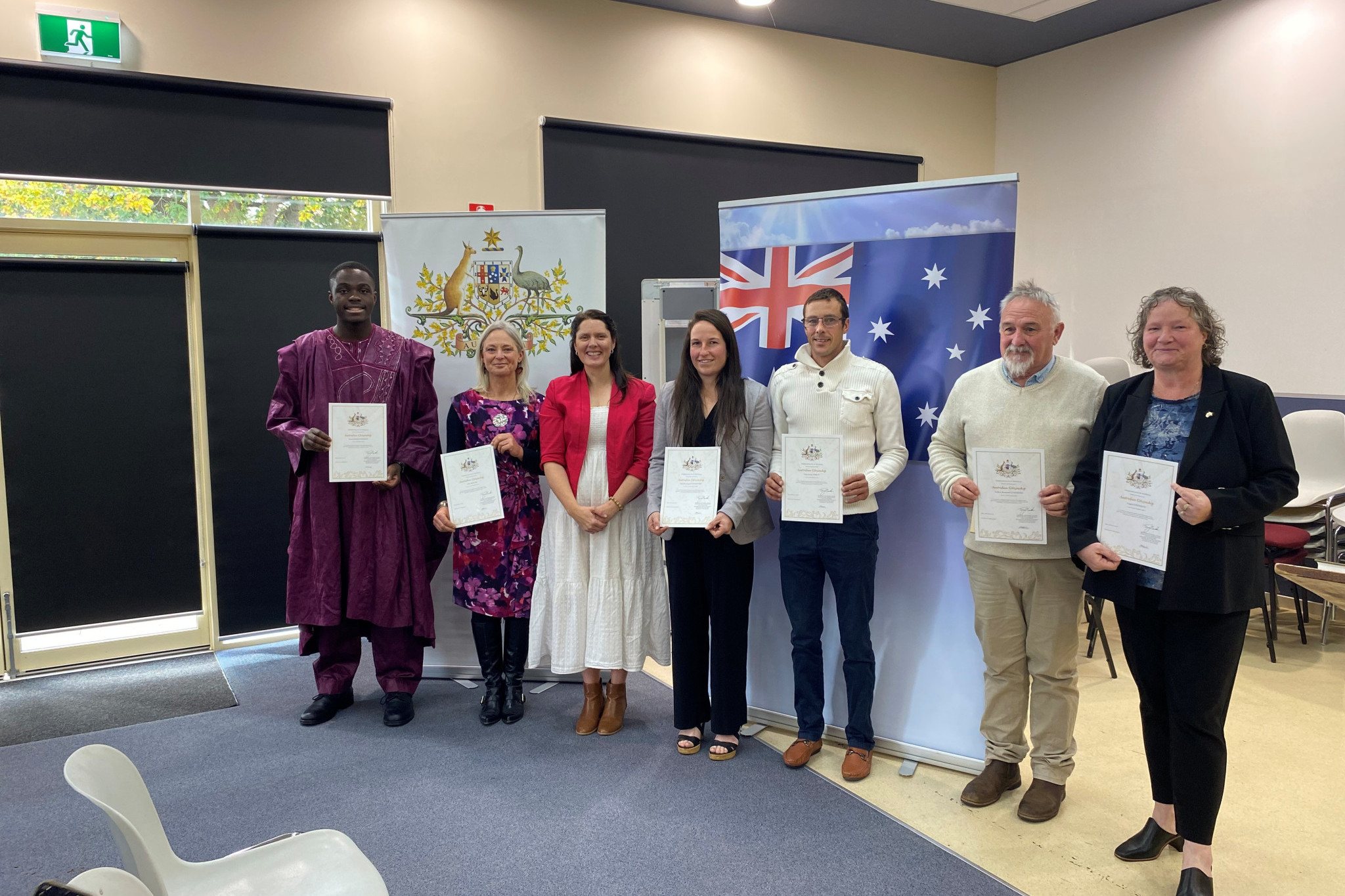 Our newest citizens - Yawovi Mutifafa (born Ghana but a former citizen of Togo), Silke Molnar (Germany), Mayor Cr Tanya Kehoe, Danielle Hannaford (UK), Neil Farley (UK), Andrew Etheridge (UK) and Angela Etheridge (UK).