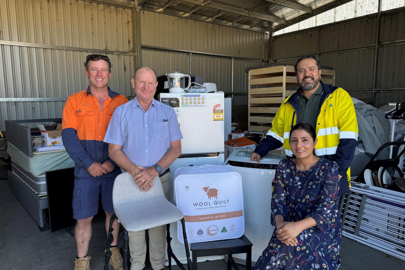 From left, Ararat Rural City Council team member Paul Fenn, Mayor Bob Sanders and Deputy Mayor Teli Kaur meet with Alejandro from ANDRITZ Hydro, who generously donated a substantial haul of furniture to locals in need. Photo supplied.