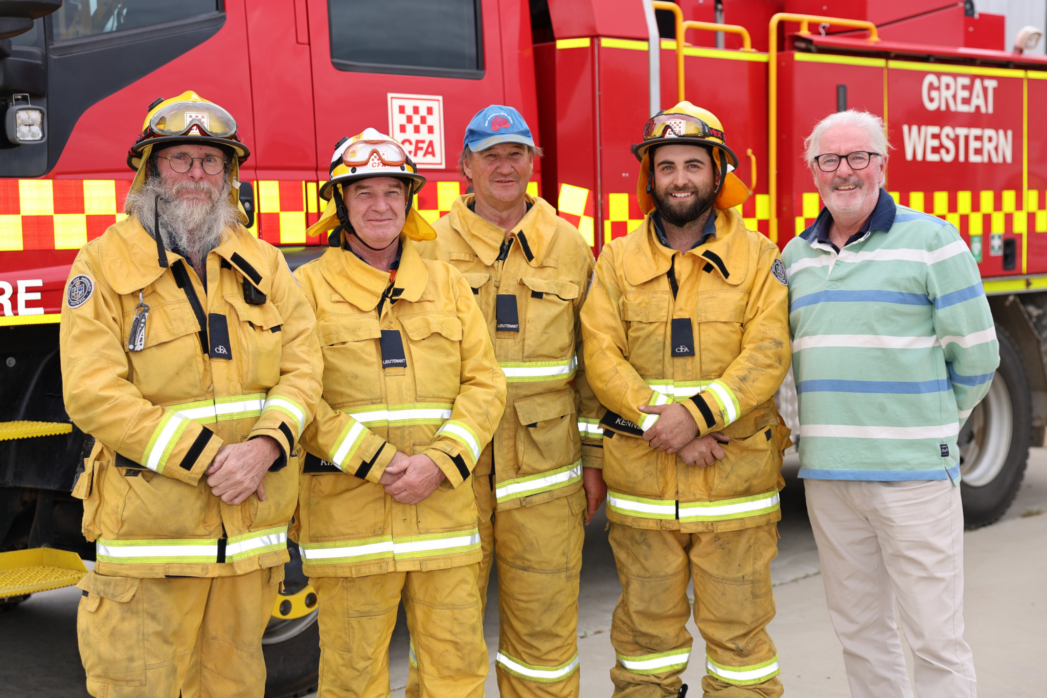 Great Western Future Committee chairman Bruce Cairns (right) has invited local first responders to be part of an emergency planning event on Monday, including CFA volunteers from left, Bruce Paix, Mark Kindred, Jon Wilksch and Ethan Kennedy.