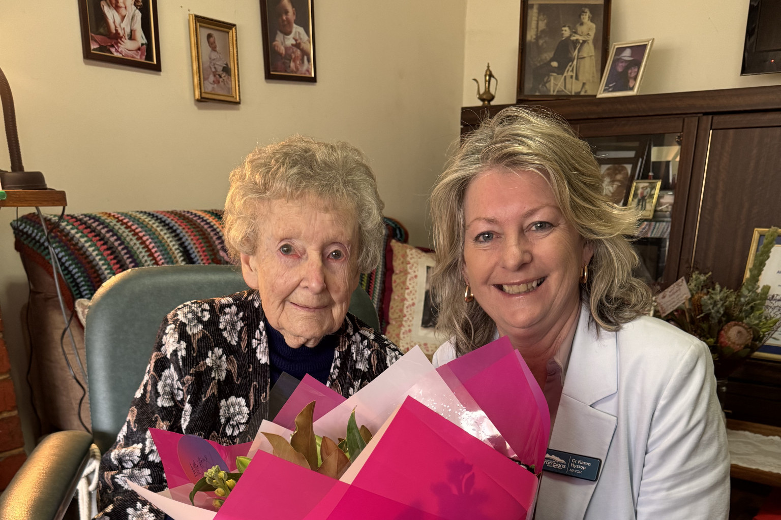 Joyce pictured here receiving a special visit on her birthday from Northern Grampians Shire Mayor, Karen Hyslop.