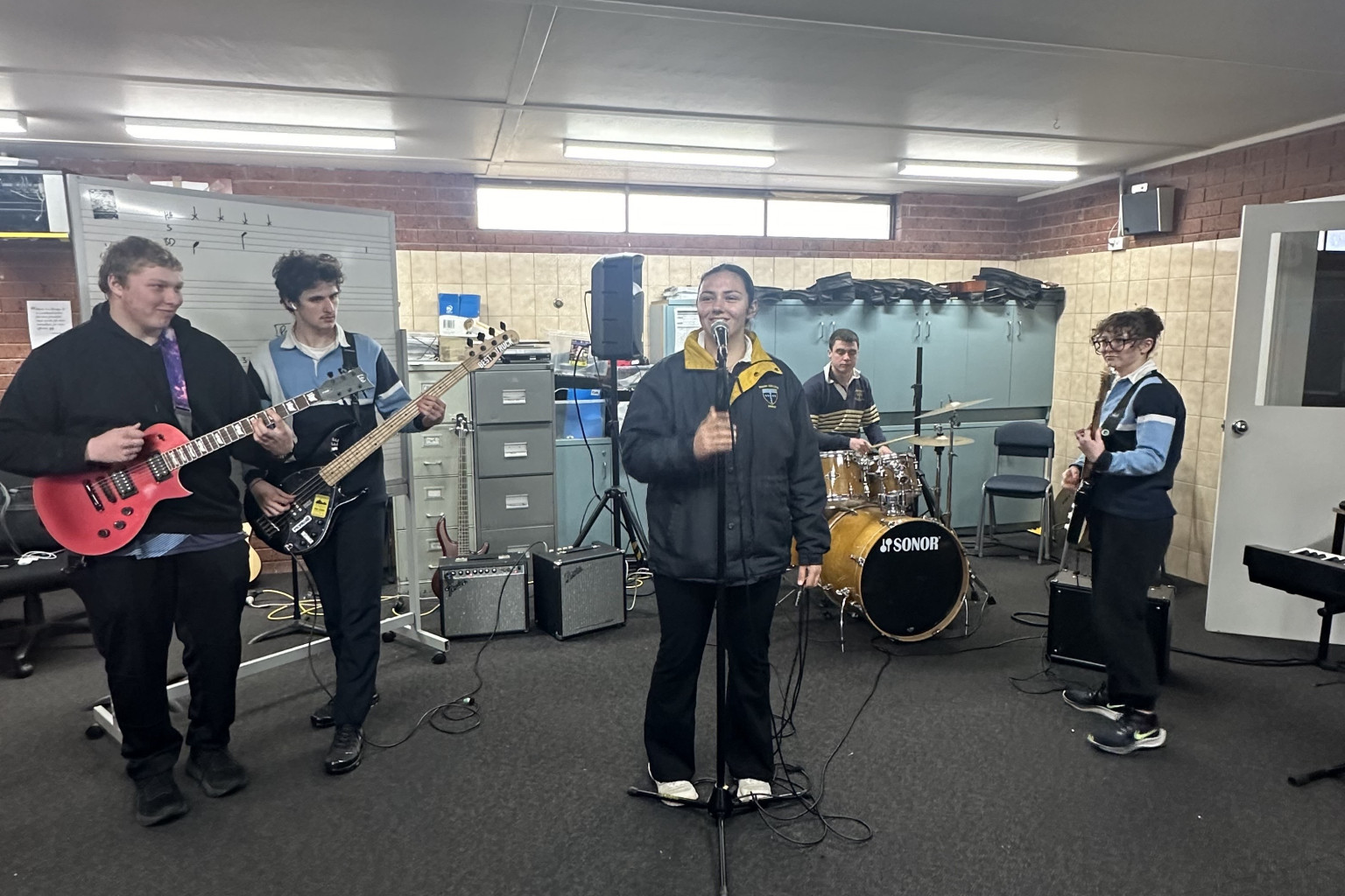 Marian College students Kyle Watts, Will Chapman, Amara Jagan, Jack Bartlett and Luci Grayling in practice for next Friday’s event.