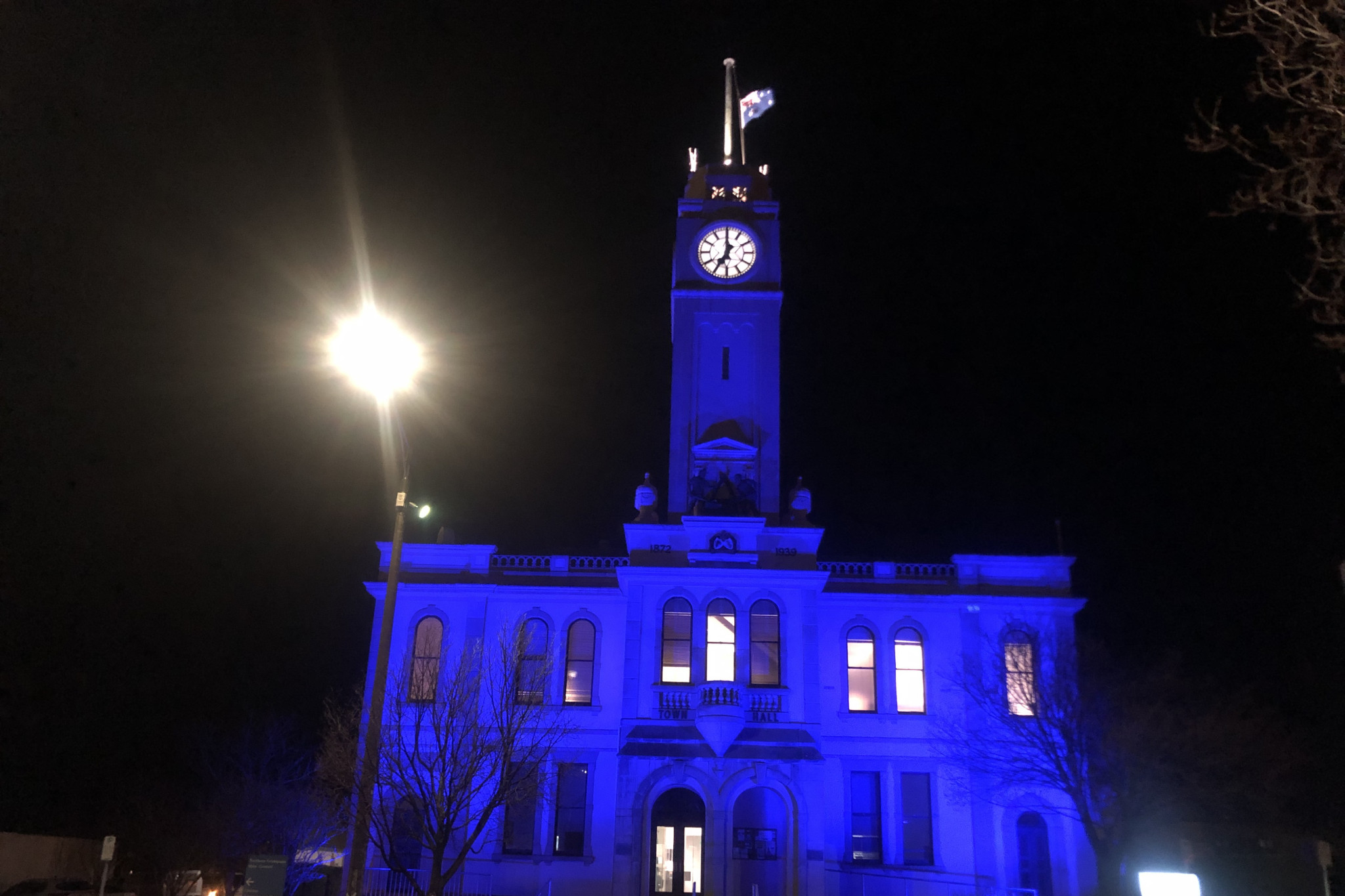 Stawell Town Hall was lit up in blue on Wednesday night.
