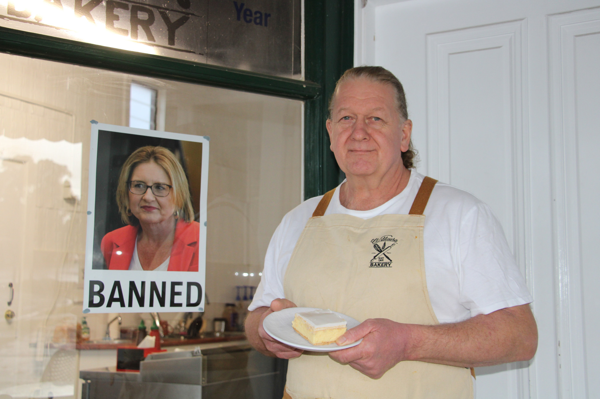 Willaura Bakery’s Peter Sporton says no entry to Premier Jacinta Allen.