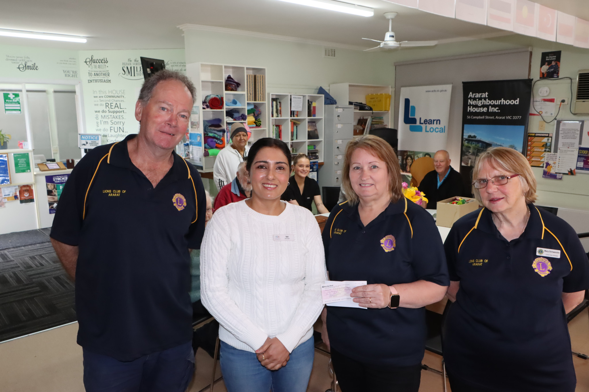 Ararat Lions Club this week donated $1,440 to Ararat Neighbourhood House. Pictured are Lions Damian O’Loughlan, Rosi Sanders and Mary Schwencke and Rosi Sanders with Ararat Neighbourhood House Manager Teli Kaur (second from left)