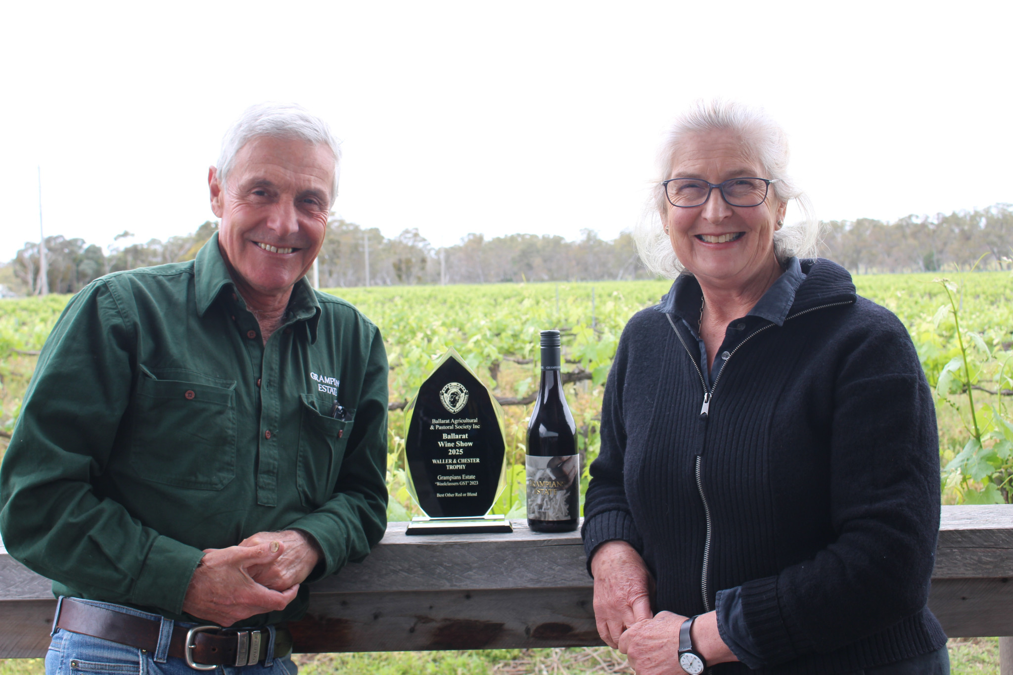 Tom and Sarah Guthrie proudly showcase their winning wine, the 2023 Woolclassers GST.