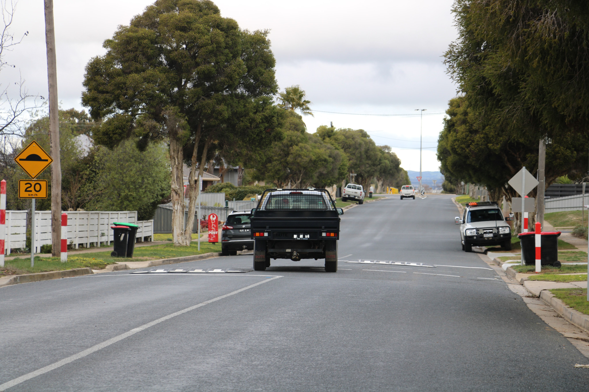 Drivers swerve to avoid the newly installed speed cushions in Banfield Street.
