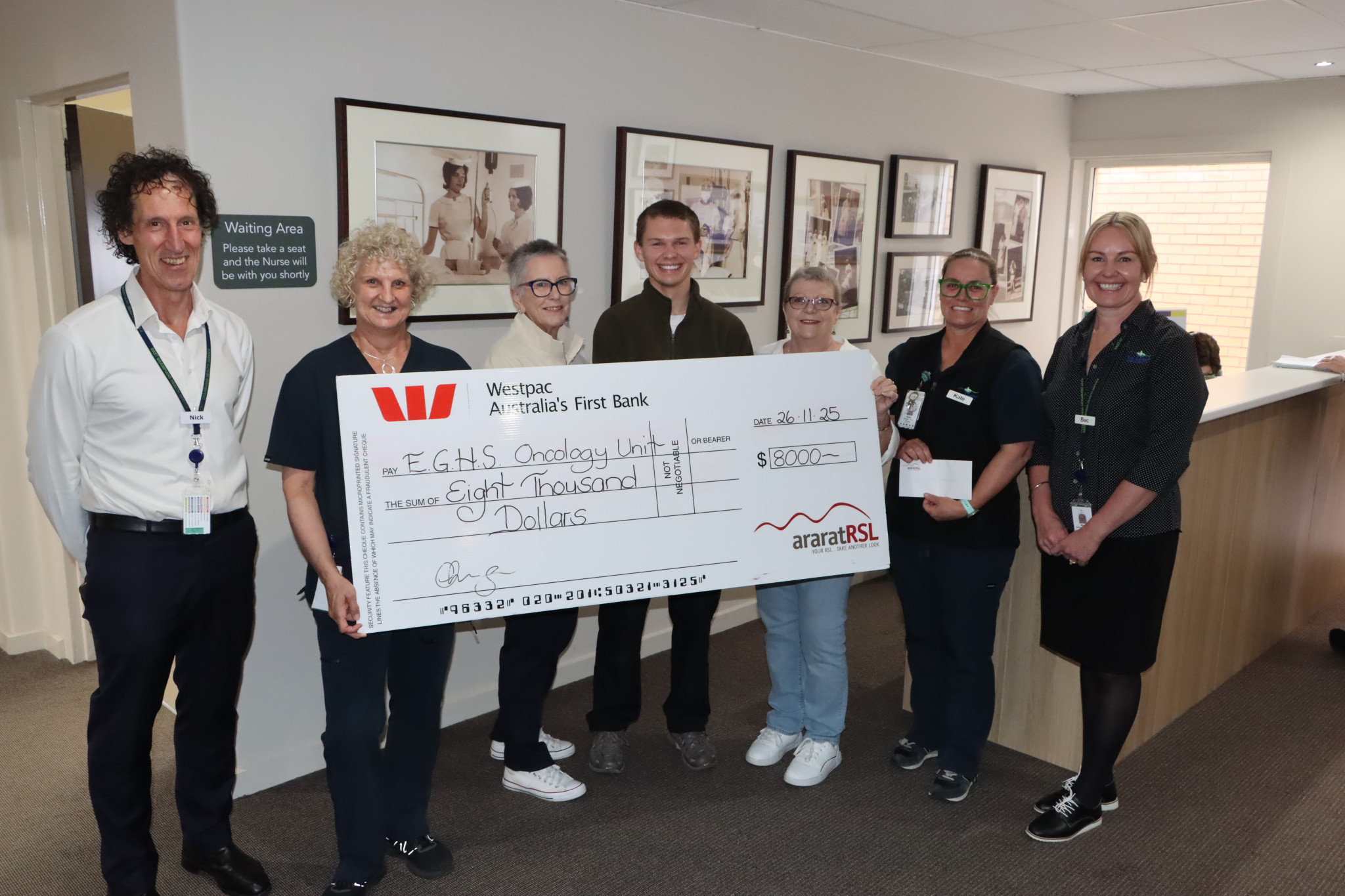 East Grampians Health Service CEO Nick Bush, Oncology Unit Associate Nurse Unit Manager Leesa McInnes, RSL representatives Jenni Jacobi, Will Cairnes and Margaret Kelly, Manager Inpatient Unit and Oncology Kate Pitcher and Director of Clinical Services Bec Peters at the recent cheque handover at Ararat Hospital. Photo by Craig Wilson.