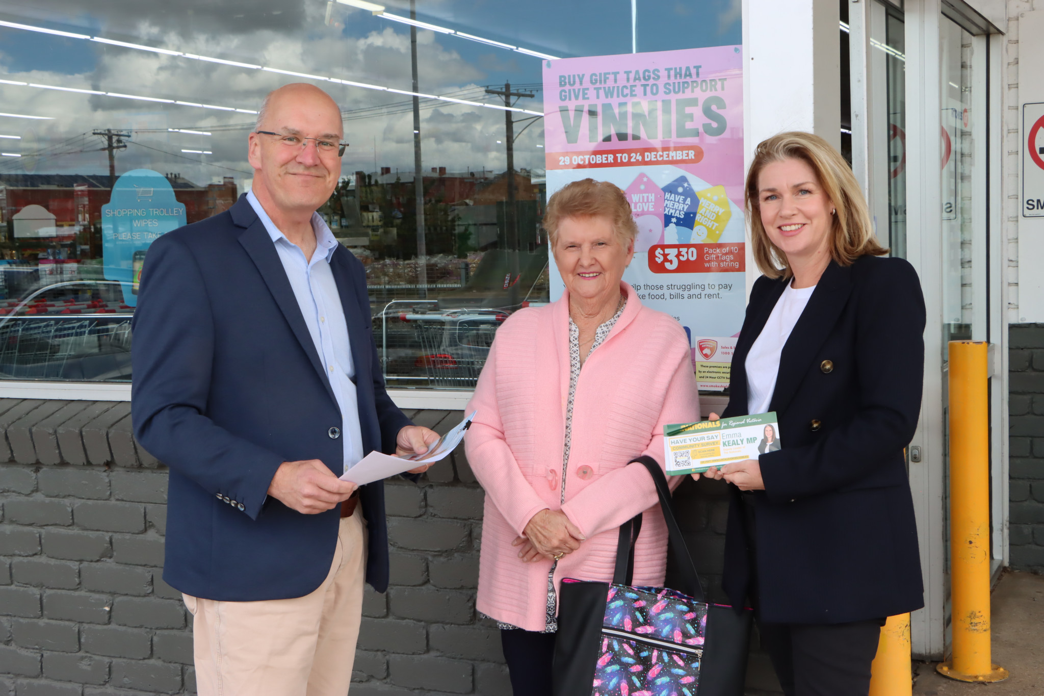 Nationals Leader Danny O'Brien (left) with Member for Lowan Emma Kealy (right) and Ararat resident Gwenda Allgood outside Ritchies IGA.