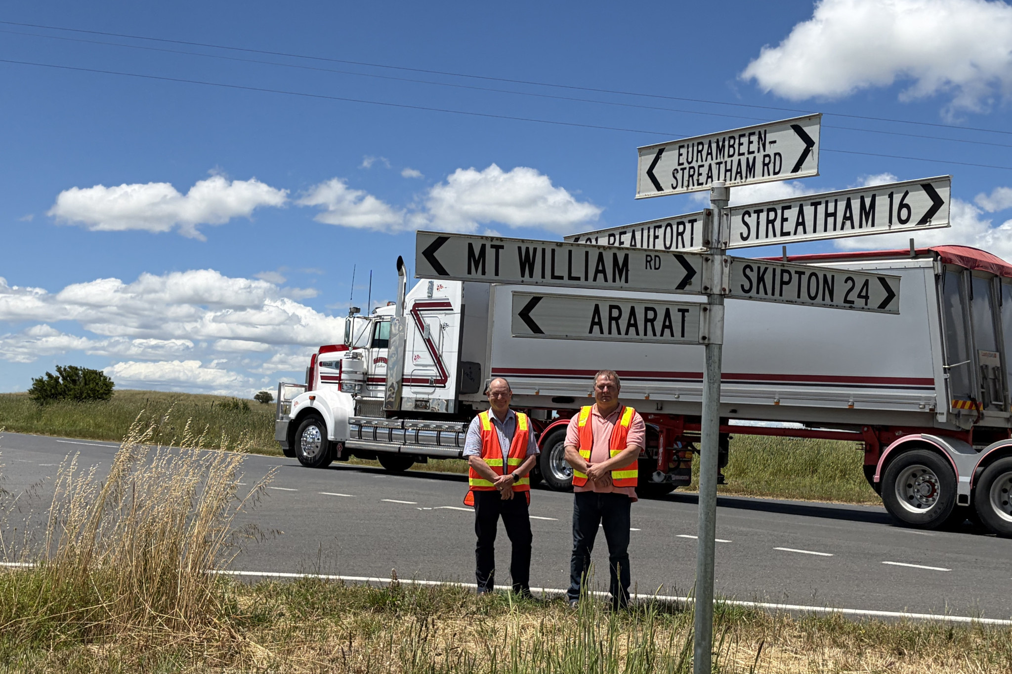 Ararat Mayor Bob Sanders joined Pyrenees Mayor Damian Ferrari at the Stoneleigh intersection this week which Pyrenees Shire hopes will be upgraded with support from the Australian Government.