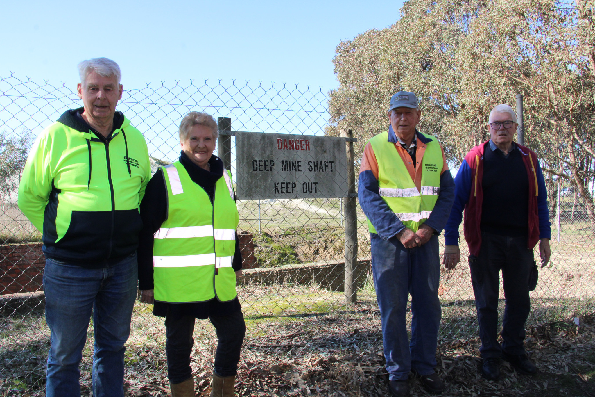 Members of the Green Hill Lake Development board Morris and Gwenda Allgood, Rob Keith and Tony Reynolds seek information about community groups who assisted with the development of the lake.