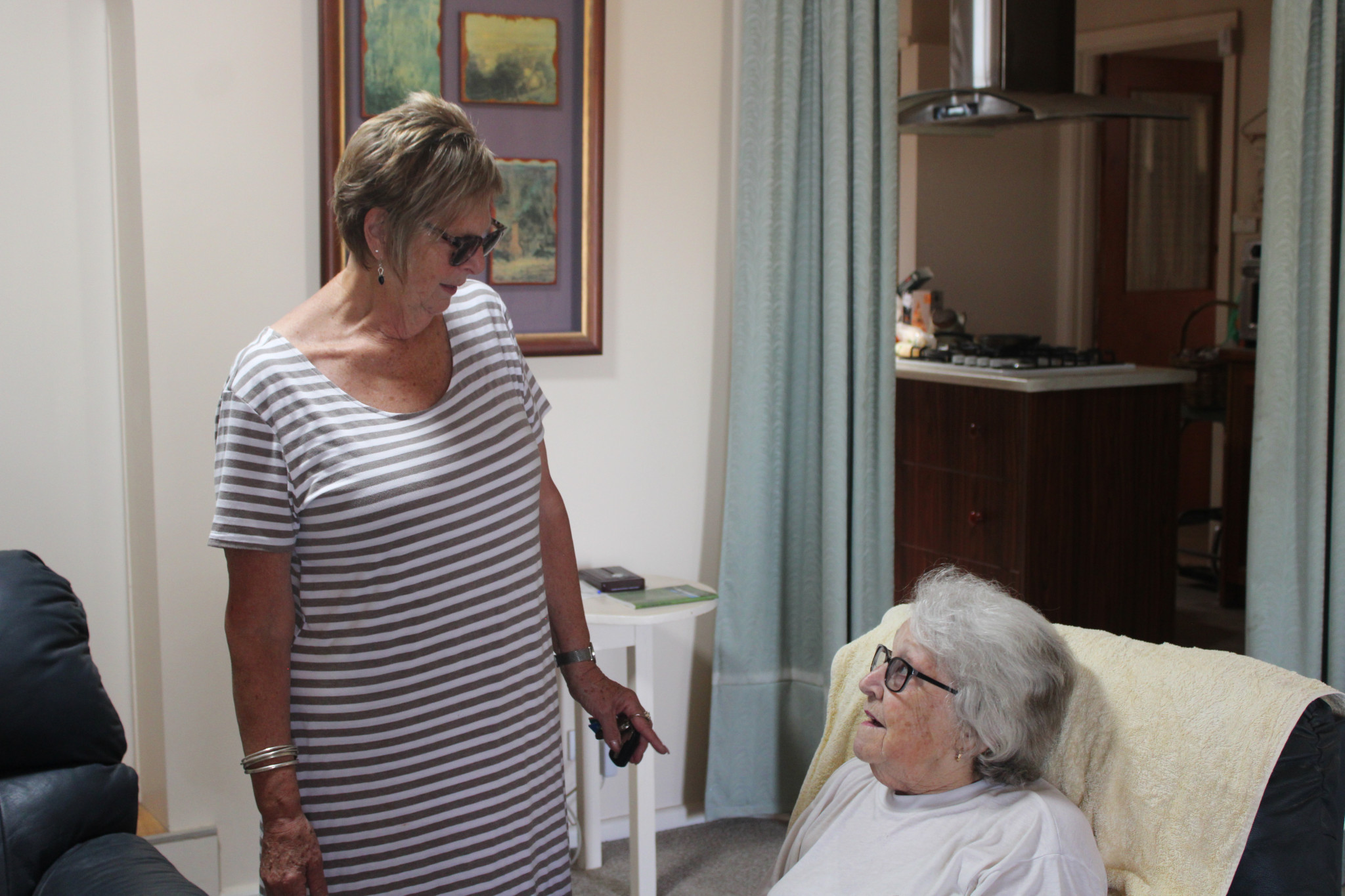 The Stawell-Times News encourages people to check in on each other on extreme hot days, particularly next week where the temperature is predicted to hit 40 degrees Celsius. Pictured President of the Stawell Senior Citizens, Raie Gale, checking in on Stawell resident Wendy Melbourne.