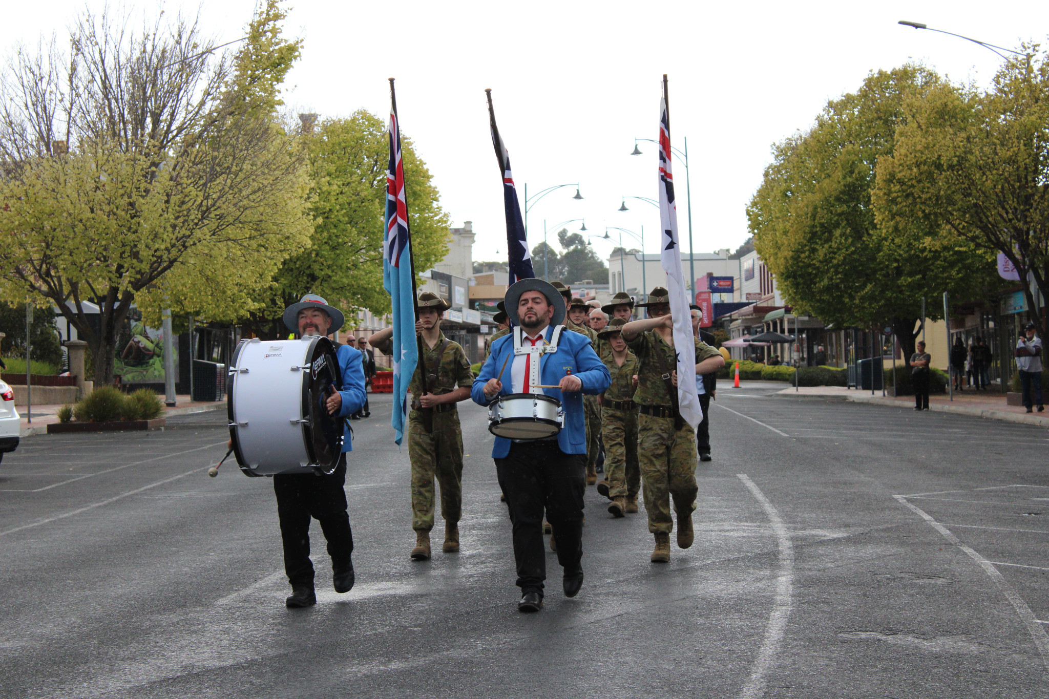 Members of the Stawell City Brass Band lead the town's ANZAC Day parade.