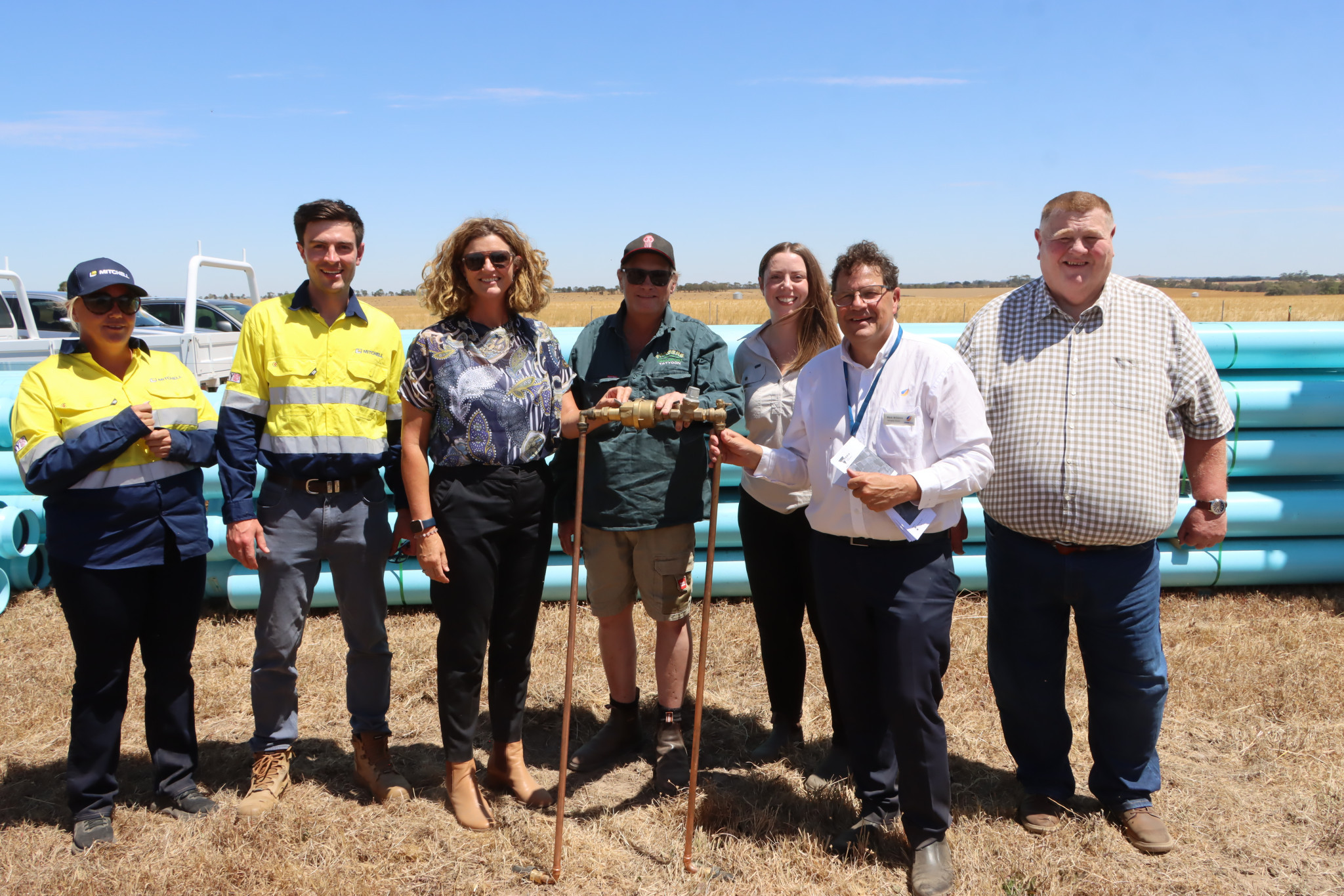 Mitchell Water&rsquo;s Amanda Mitchell and Jack Muller, GWMWater Chair Caroline Welsh, land owner Tim Fraser, Member for Ripon Martha Haylett, GWMWater CEO Mark Williams and Ararat Rural City Council CEO Dr Tim Harrison at last week&rsquo;s commencement of work on the new pipeline.