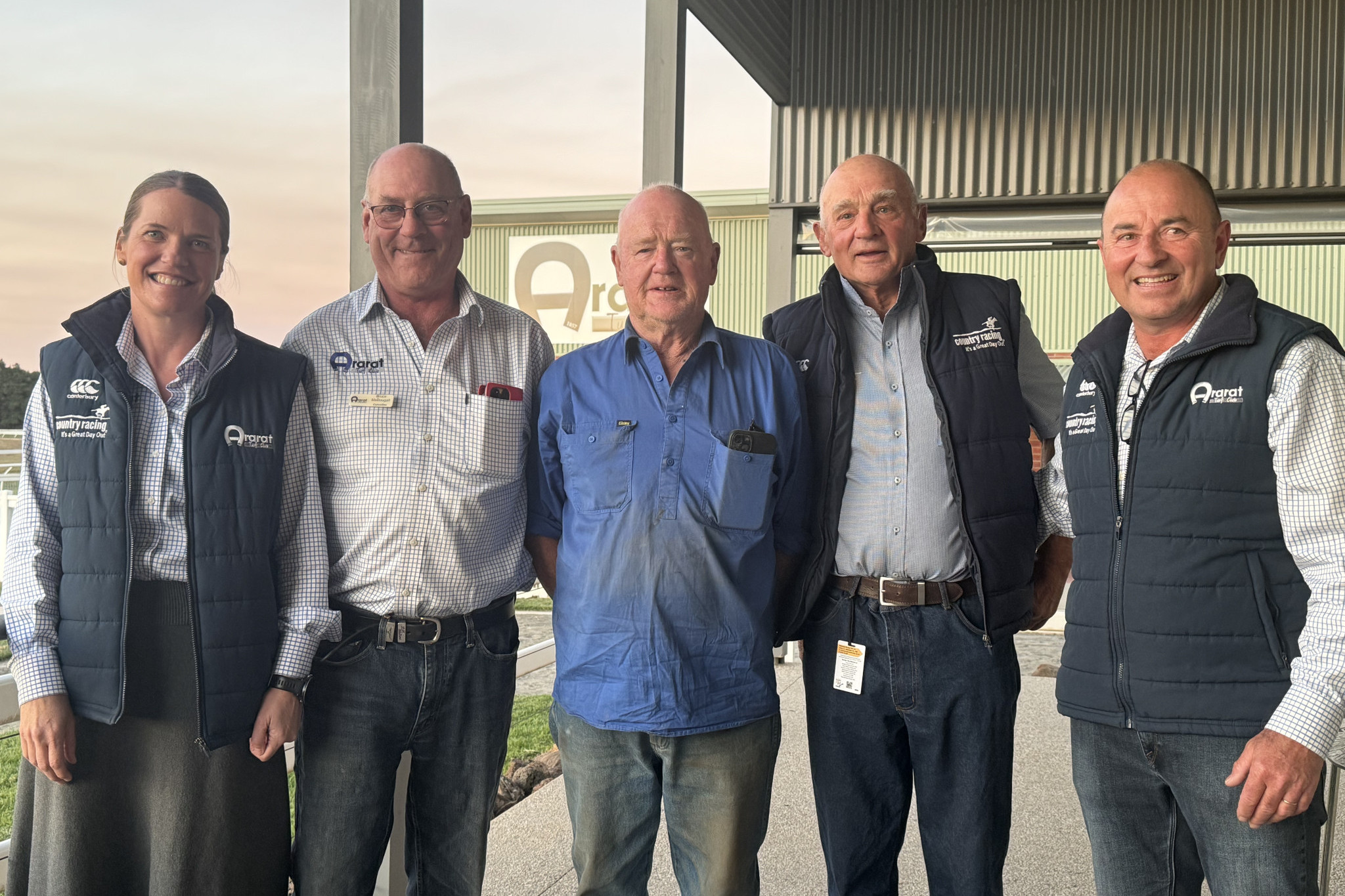 Ararat Turf Club Manager Penny Penfold with new Life Members Bruce McDougall and Mark Dyer, Country Racing Victoria Chairman Chas Armytage and club President Adam Atchison.