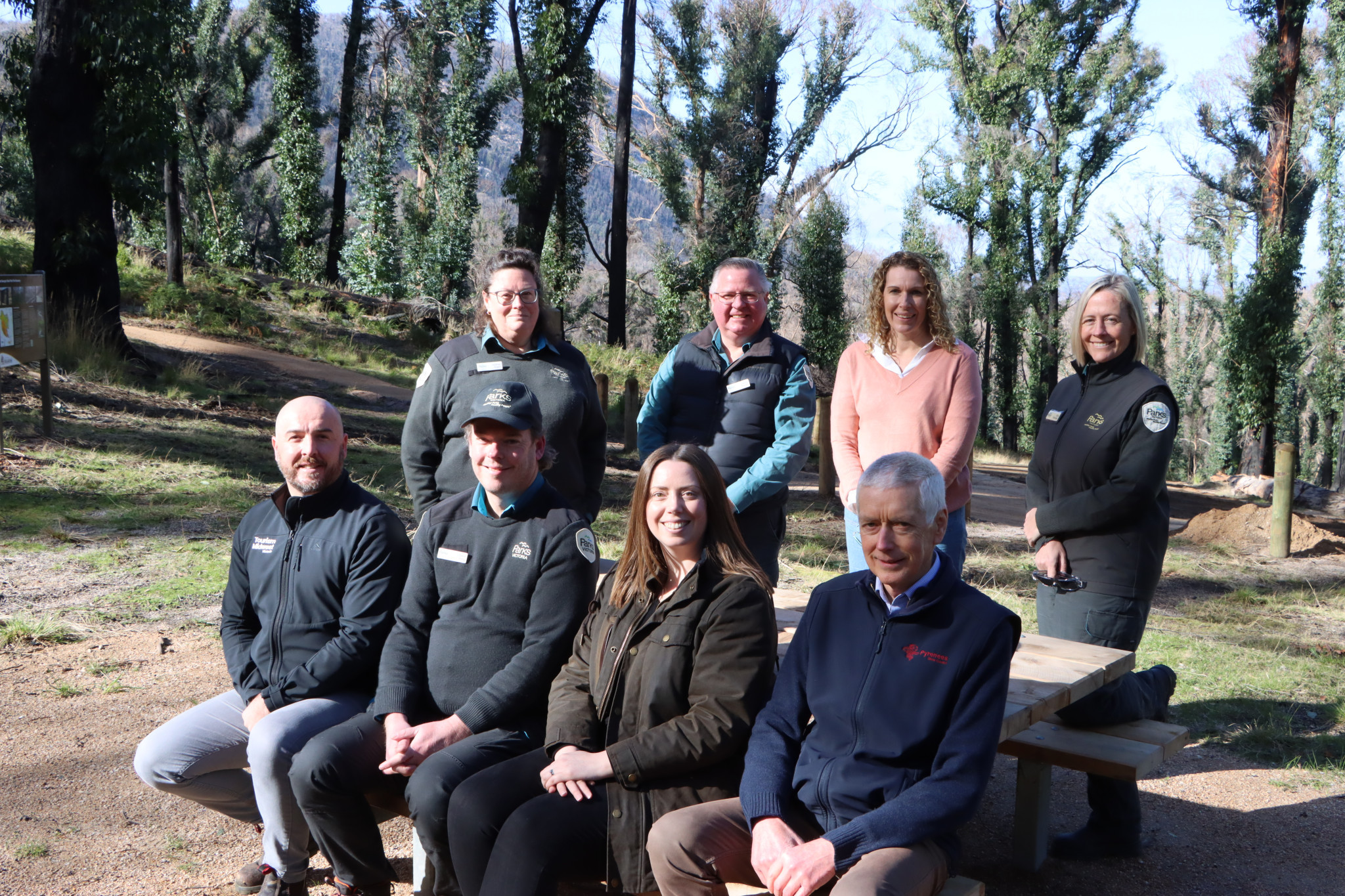 Ripon MP Martha Haylett joined other stake holders at Fern Tree Campground on Tuesday to inspect work to restore the popular attraction. Pictured are (front row) Joel Chadwick (Mid West Tourism), David Petty (District Manager, Parks Victoria), Martha Haylett MP, Ray Davies (Pyrenees Shire) along with (back row) Siobhan Rogan (Parks Victoria), Gordon Robson (Parks Victoria), Alana Burge (Pyrenees Shire) and Kyra Winduss (Parks Victoria). Photo by Craig Wilson.