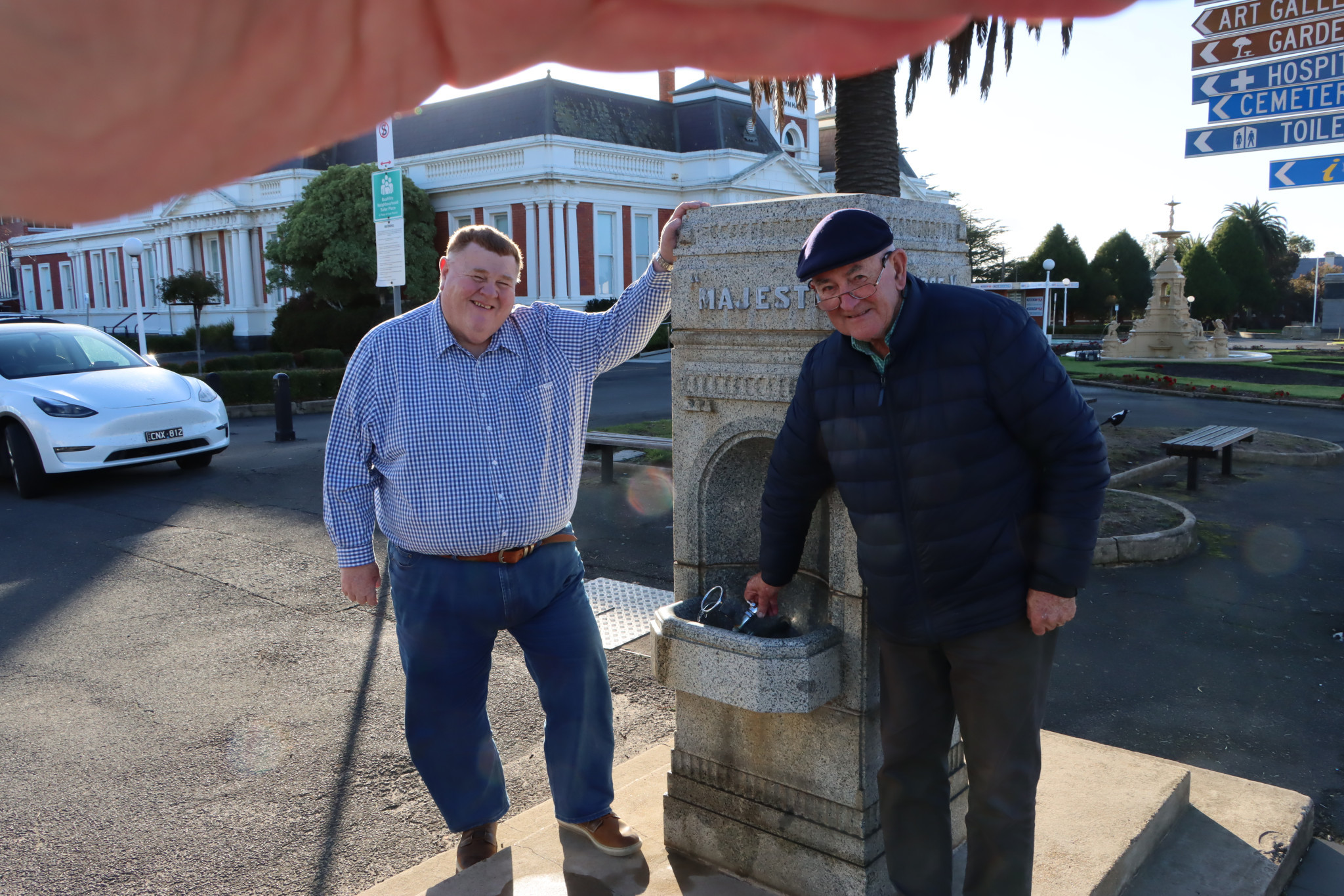Ararat Rural City Council CEO Dr Tim Harrison joined local resident Pat McAloon at the historic fountain.
