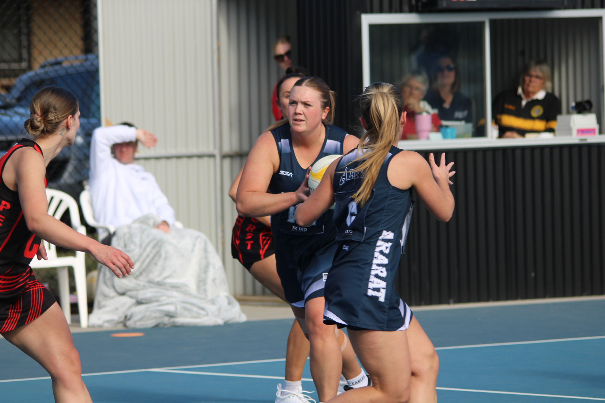 Ararat Eagles' Kira Stapleton gives a look away pass to Kiarna Taylor.