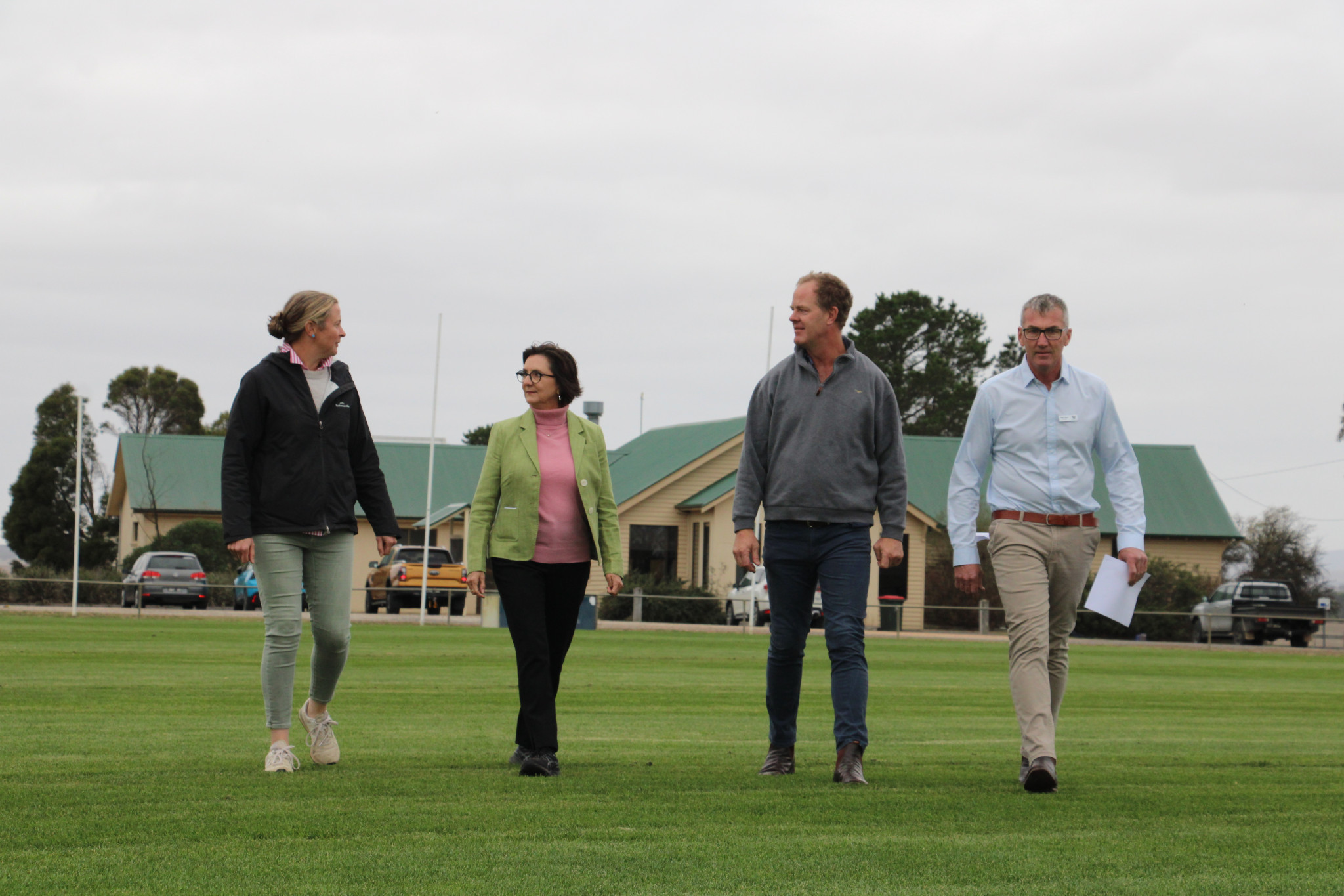 Secretary of Tatyoon Recreational Reserve Jane King, Member for Western Victoria Jacinta Ermacora, President of the Tatyoon Recreational Reserve Craig Drum and Cr Peter Joyce see the Tatyoon Football grounds officially reopened after major works.