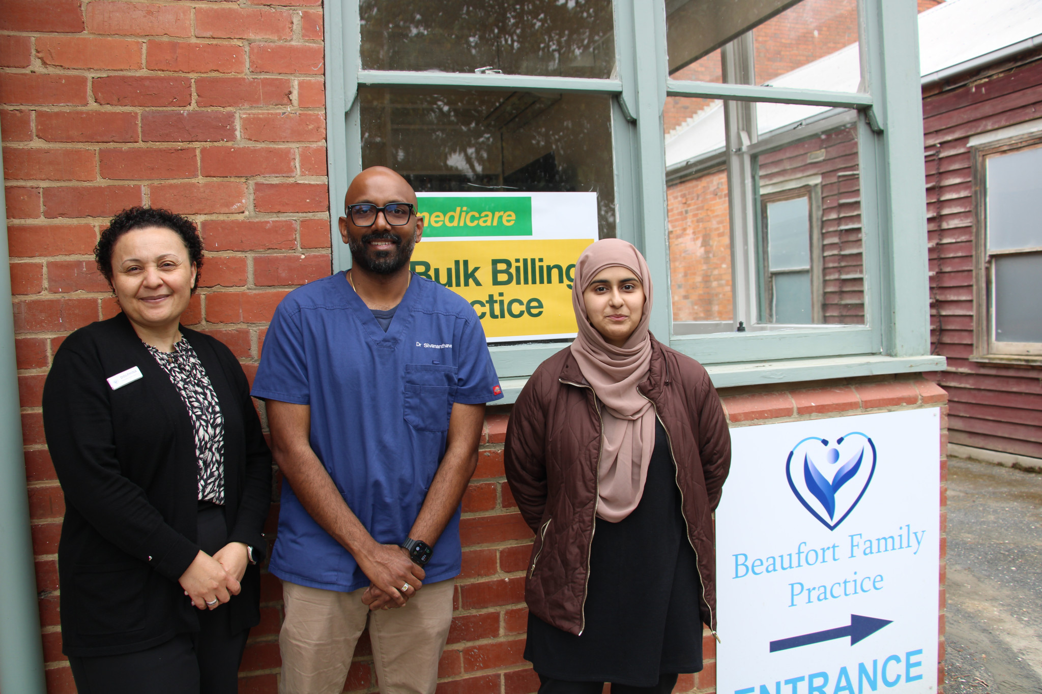 Beaufort Family Practice manager Dolphina Truter welcomes Dr Sivaluxman Sivananthavel and Dr Feryal Zubair to the practice.
