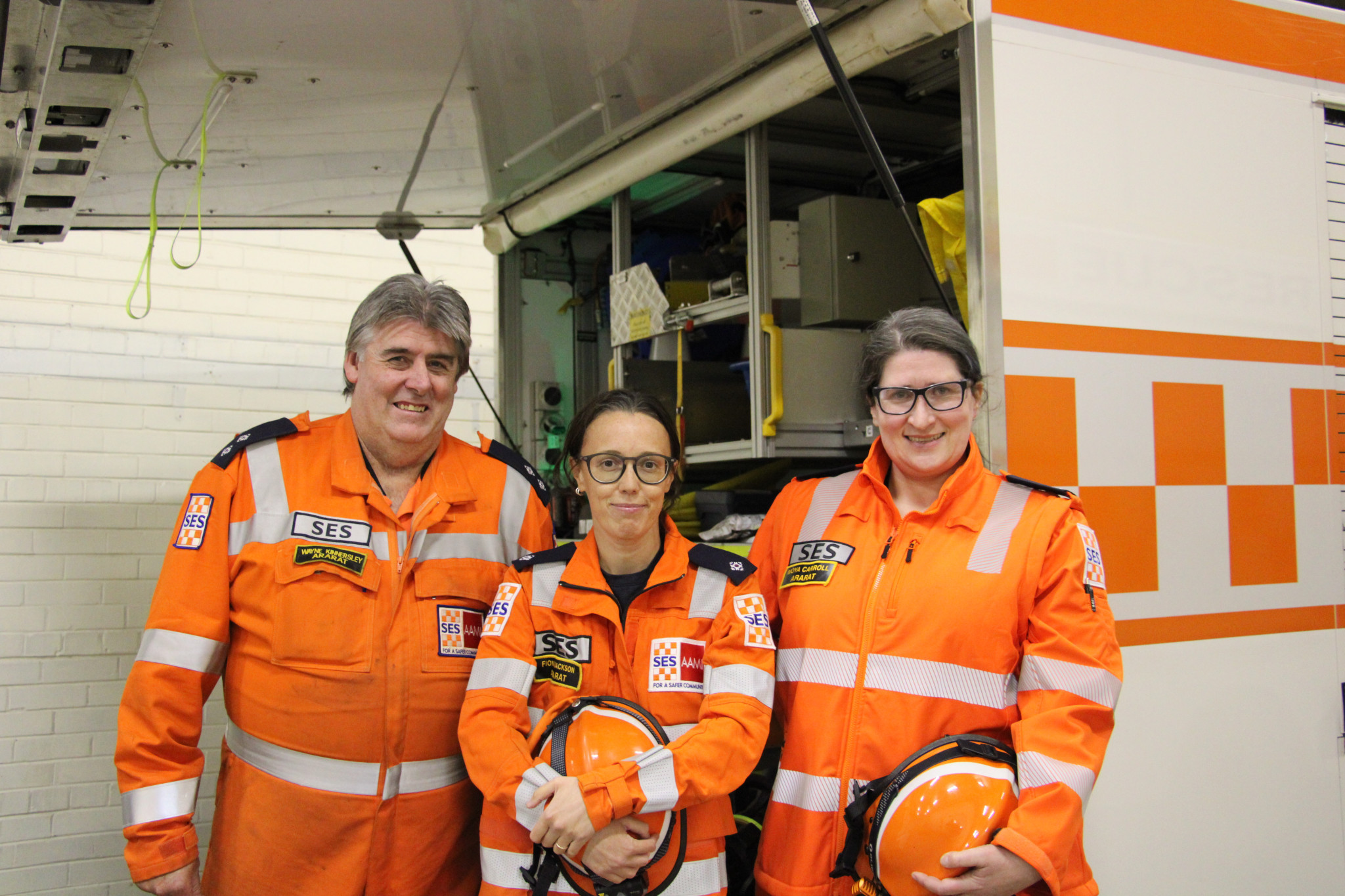 Wayne Kinnersley, Fiona Jackson and Moya Carroll don the iconic orange as members of Ararat’s SES Unit.