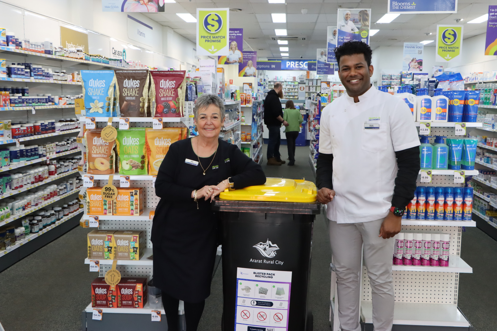 Viv and Arun at Blooms the Chemist are encouraging residents to responsibly dispose of their blister packs in a specially marked bin near the front door.