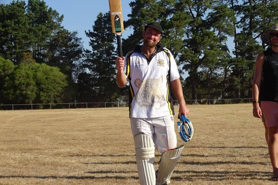 Bryce Karslake walks off the ground after celebrating his century in their win against Carngham in 2023.