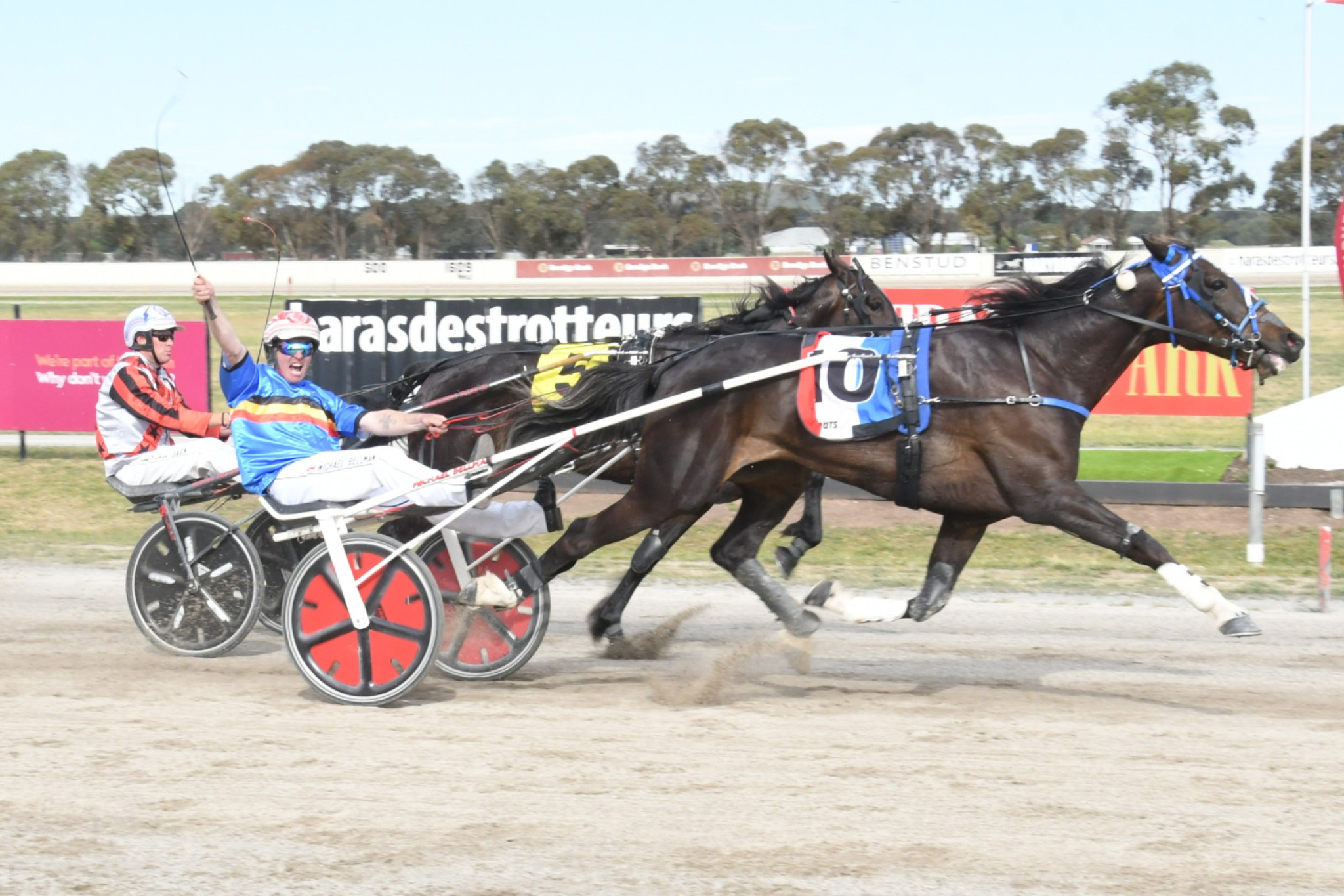 Michael Bellman celebrates as he secures his first group one victory, saluting with Mecarno. PHOTO: Claire Weston Photography