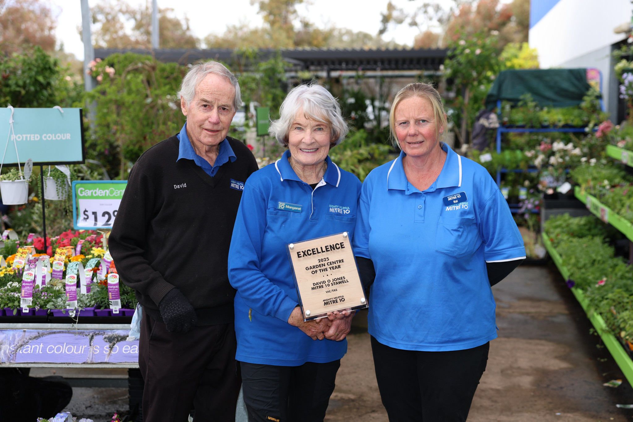 From left, David Jones, Margaret Jones and Nat Penfold were excited to see their hard work recognised, with David O Jones Mitre 10 Stawell taking out the Mitre 10 Vic/Tas Garden Centre of the Year award as part of the organisation's annual awards for its network of 400+ stores around Australia.