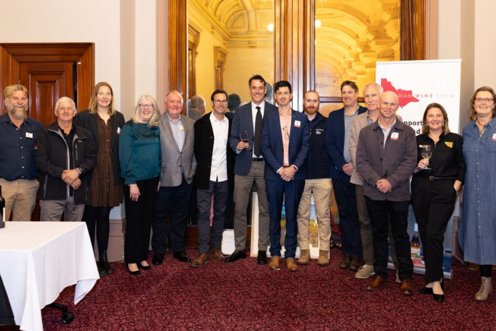 The finalists gather at Parliament House for the unveiling of the Premier’s Trophy at the Victorian Wine Show.