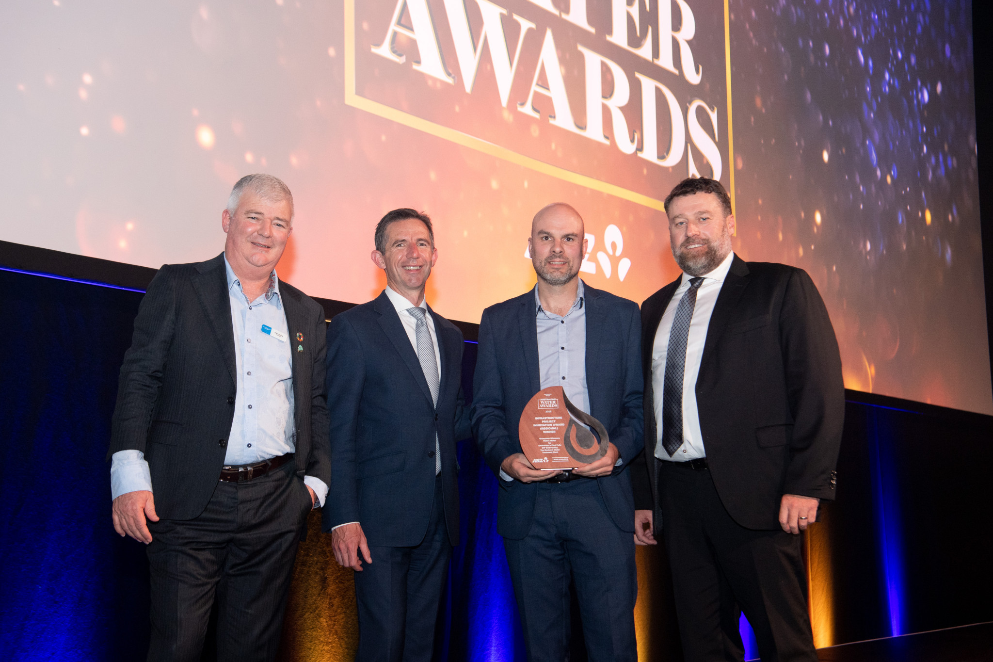 Peter Dennis (AWA President), Simon Birmingham (ANZ, Chair South Australia), Nick Mumford (GWMWater, Executive Manager Infrastructure), Andrew Ackerman (Laing O’Rourke, General Manager Water and Energy) at the recent awards ceremony.