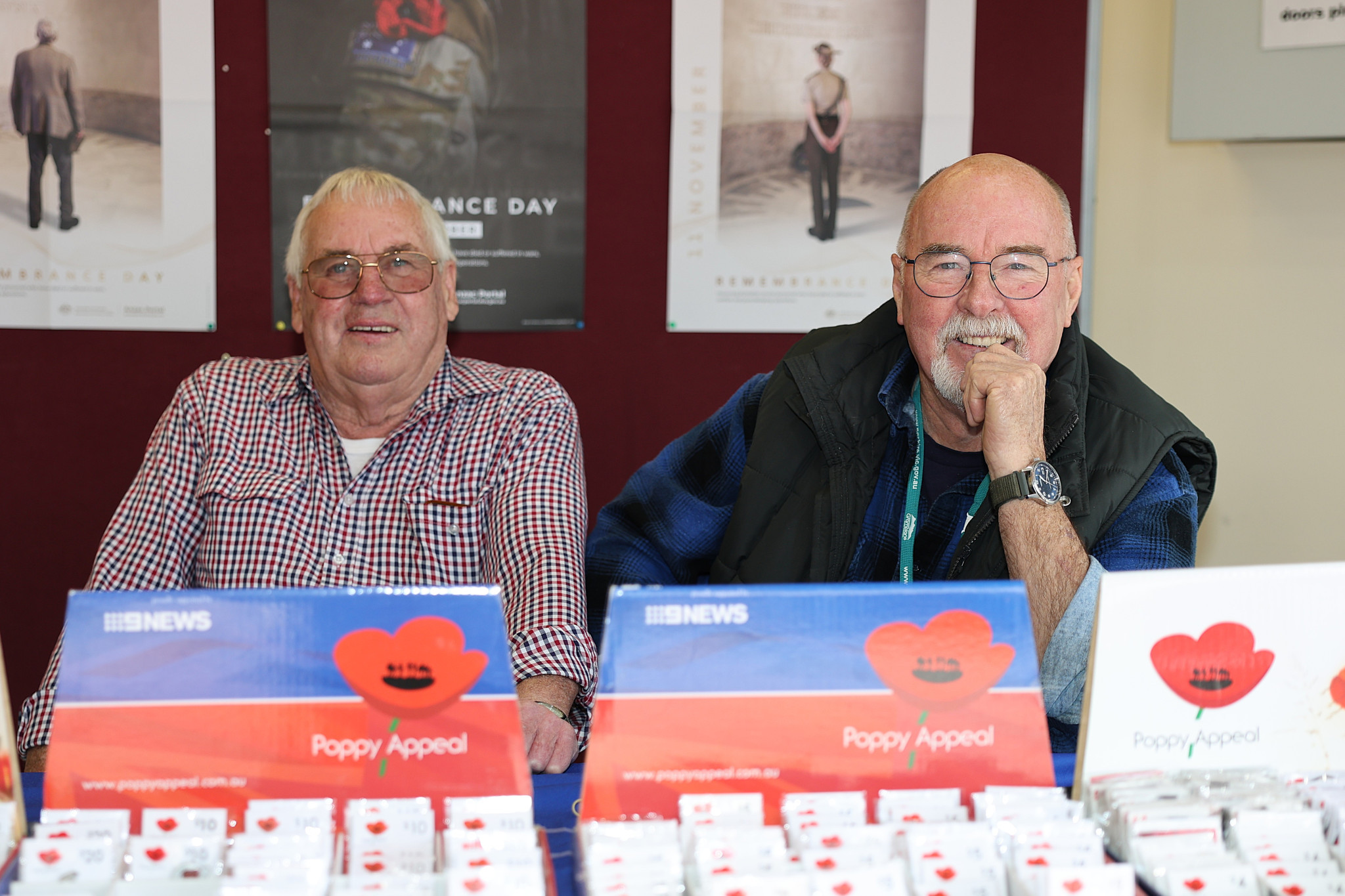 Stawell RSL president Geoff Reading (left) and vice-president Russell Smith selling red poppies and badges in Main Street this week. The local RSL sub-branch will conduct a short Remembrance Day service at 11am on Tuesday, at the Stawell Avenue of Honour memorial located outside Stawell Library.