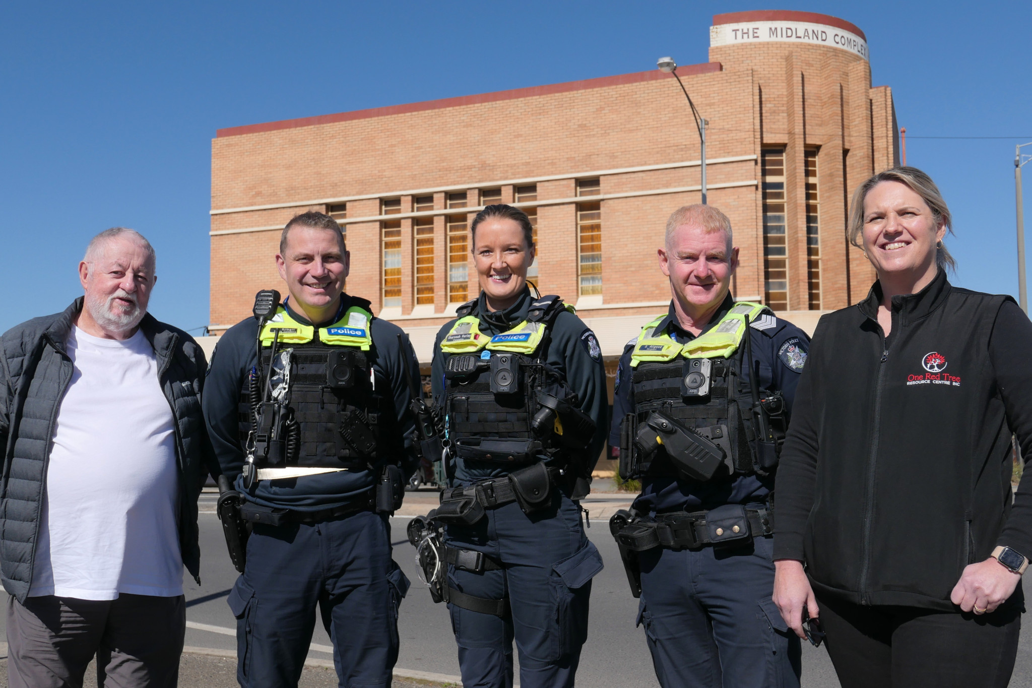 Ararat Astor Cinema operator Barry Byron, Ararat Police officers Peter Gilbert, Sharnoah Hurley and Shane Allgood, and One Red Tree Co-CEO Tammie Meehan are looking forward to people enjoying a free movie as part of R U OK Day on September 11.