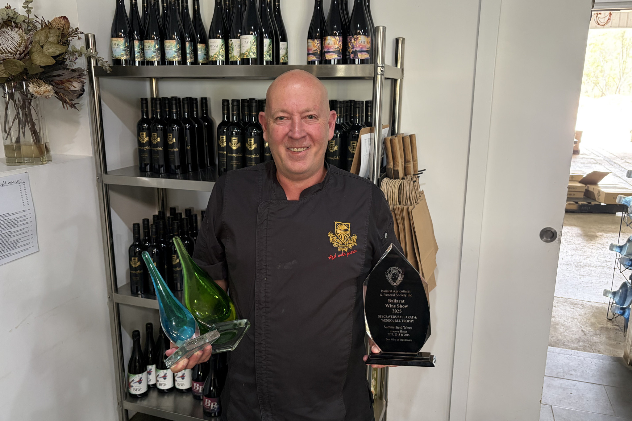 Mark Summerfield with some of the recent trophies he’s collected at the Ballarat Wine Awards and Western Victoria Wine Challenge. Photo by Craig Wilson.
