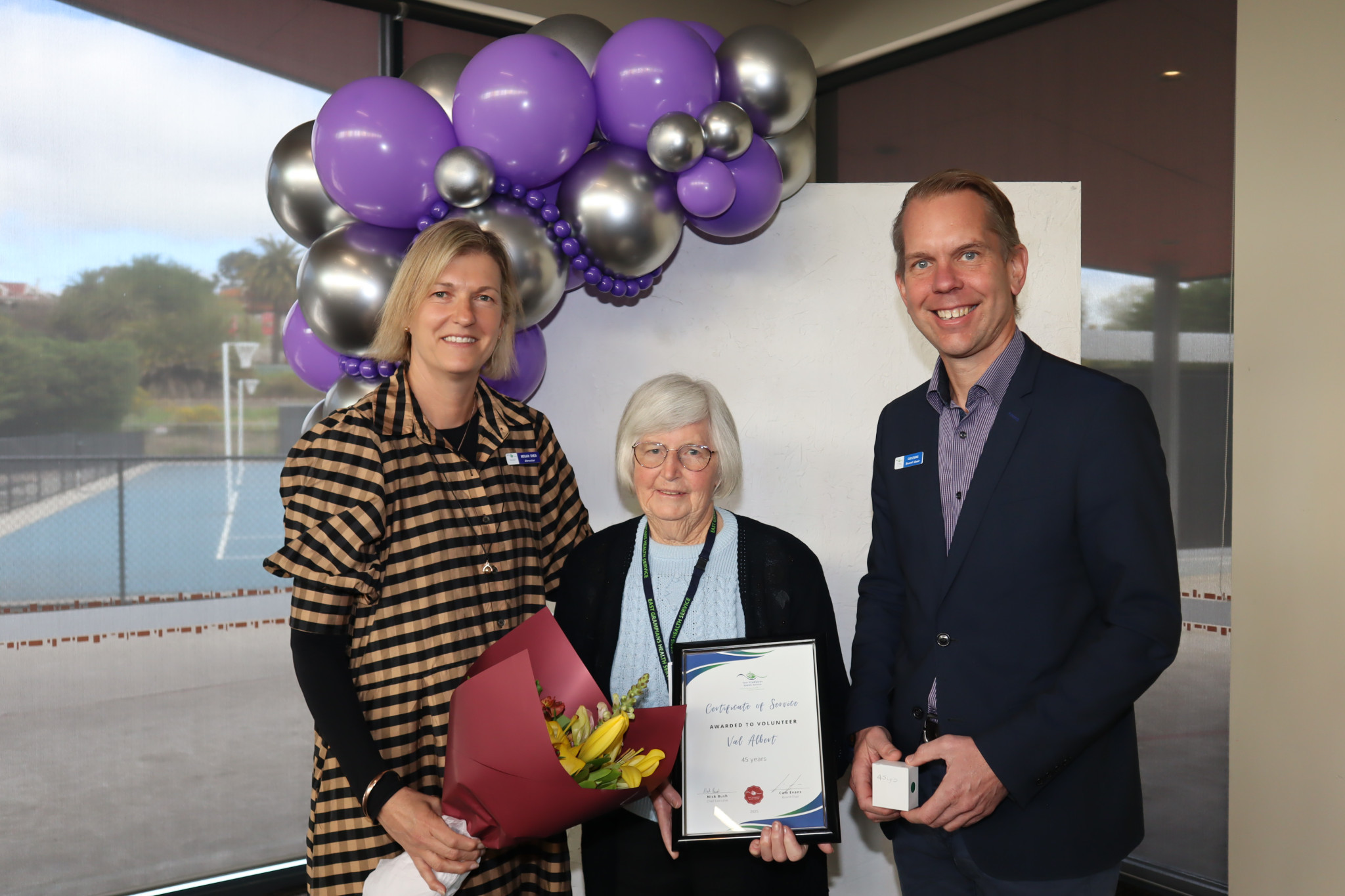 Val Albert was thanked for her 45 years service to East Grampians health Service by Director Megan Shea and Chairman Cam Evans.