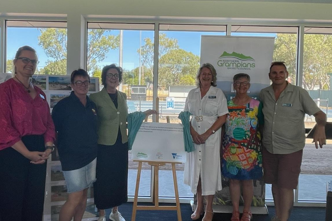 Northern Grampians Shire councillor and deputy mayor Cr Justine Hyde, former club president Tracey McCartney, Member for Western Victoria Jacinta Ermacora, Northern Grampians Shire mayor Karen Hyslop, NGSC Crs Jenny Greenberger and Jack Blake attending the official opening of sporting complex in Great Western. Picture by Sheryl Lowe