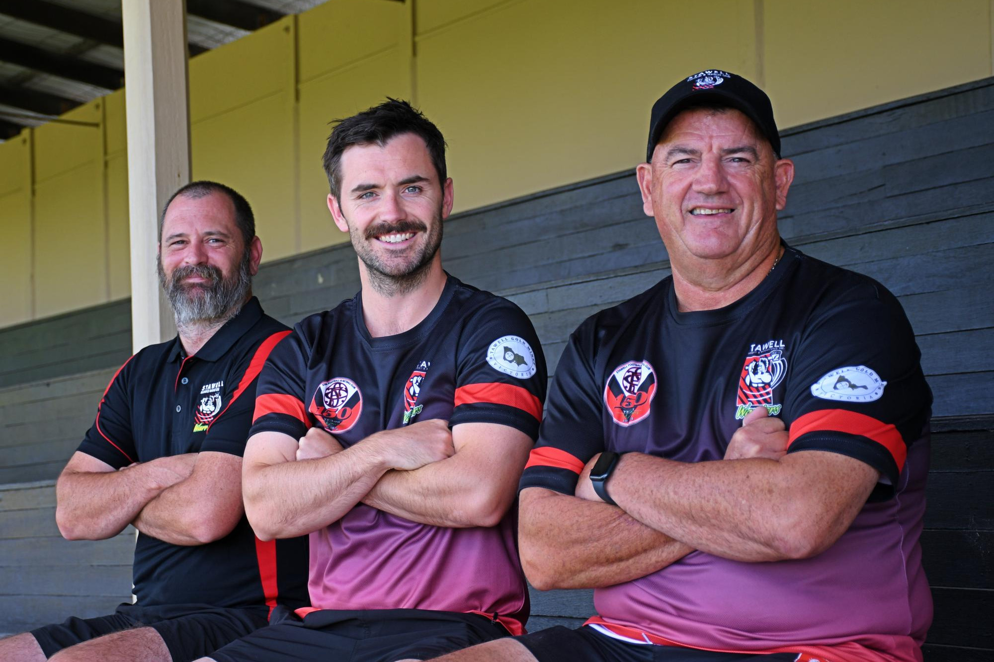 New Stawell co-coach Perry Meka (right), with Sean Rooth and co-coach James Sullivan at Central Park on Wednesday, January 15. Picture by Ben Fraser