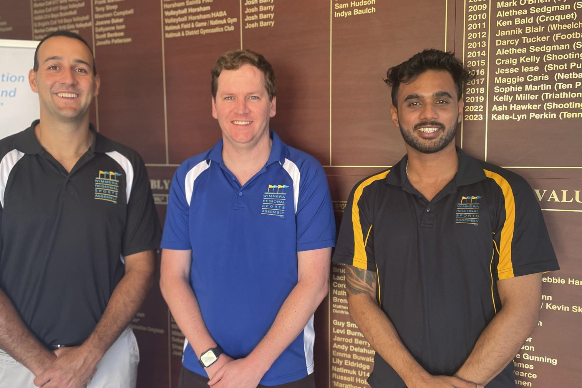 New Wimmera Regional Sports Assembly executive officer Tony Caccavielo (left) with Matthew Jolly (regional sport partnerships manager) and Vedang Ovalaker (clubs support manager). Picture by Lucas Holmes